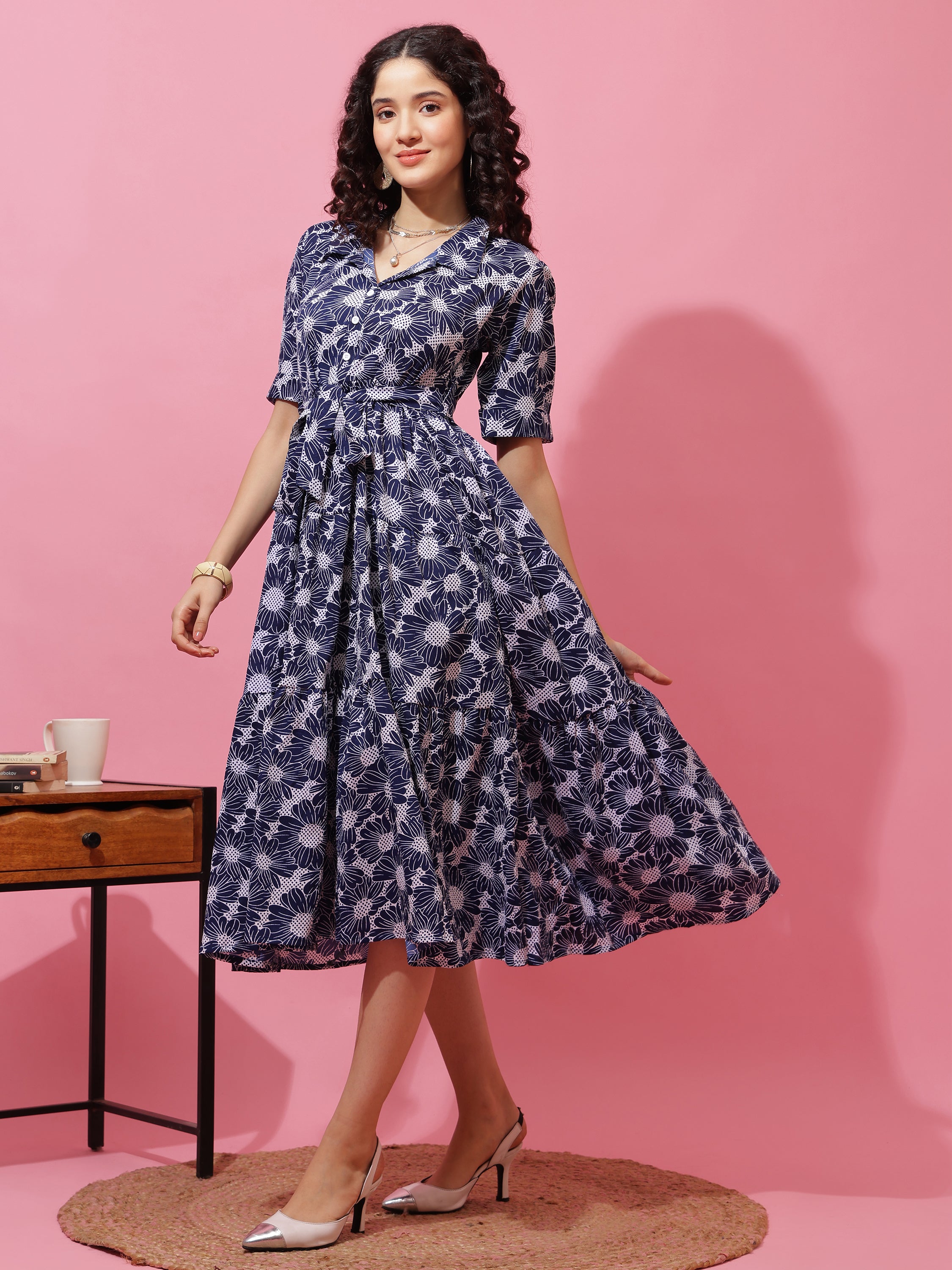 Women Printed Shirt Collar Fit and Flare Midi Dress