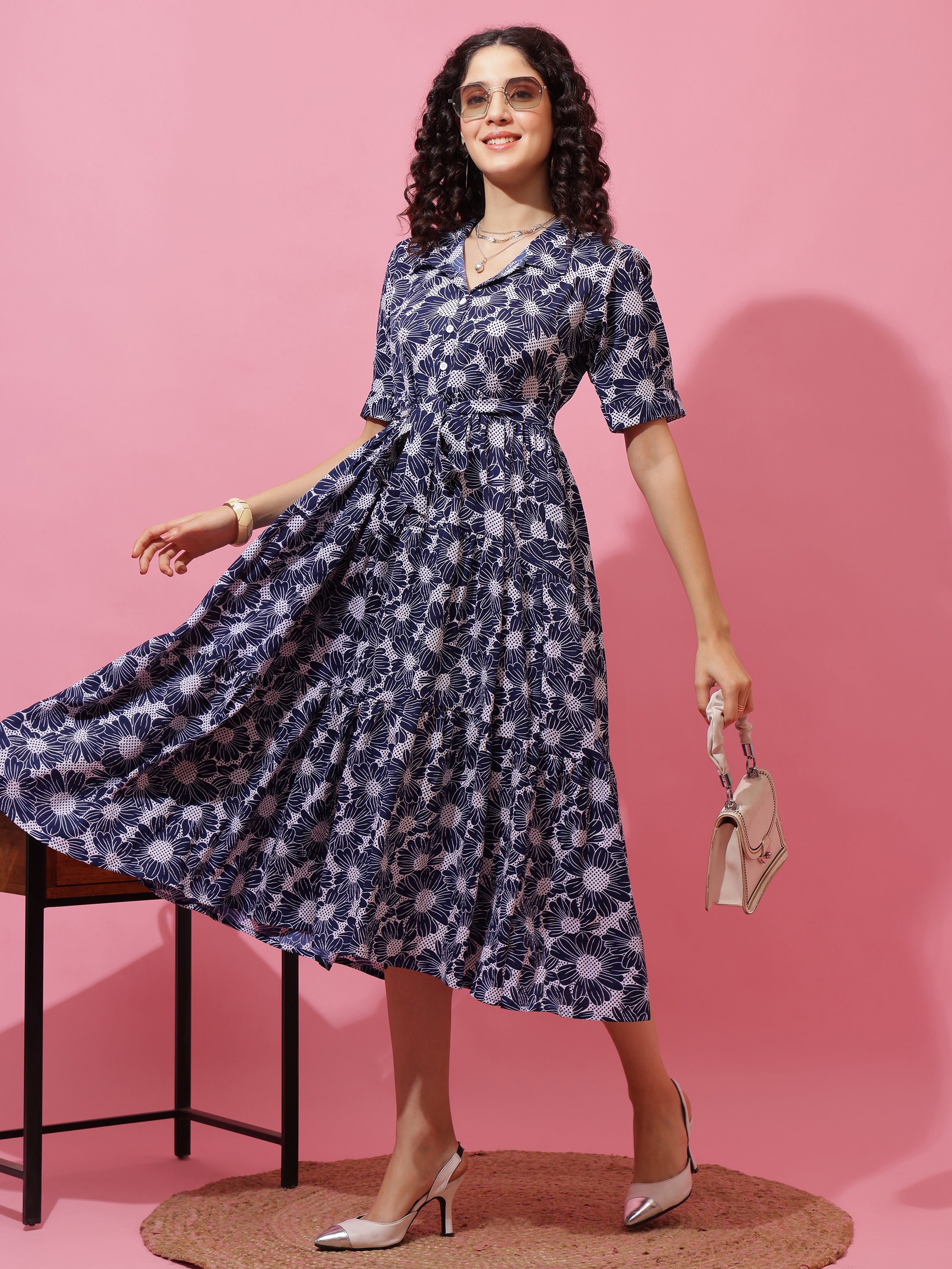 Women Printed Shirt Collar Fit and Flare Midi Dress