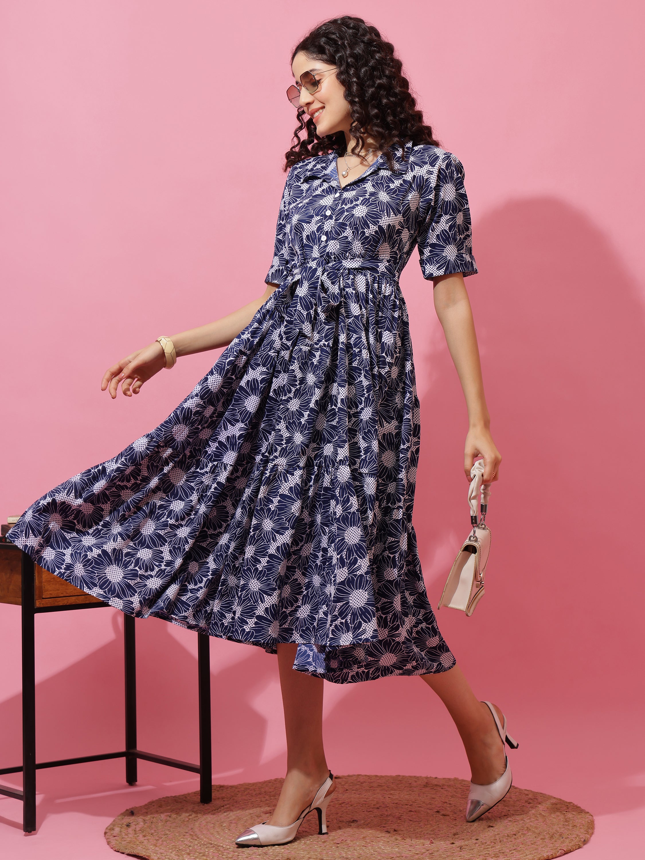 Women Printed Shirt Collar Fit and Flare Midi Dress