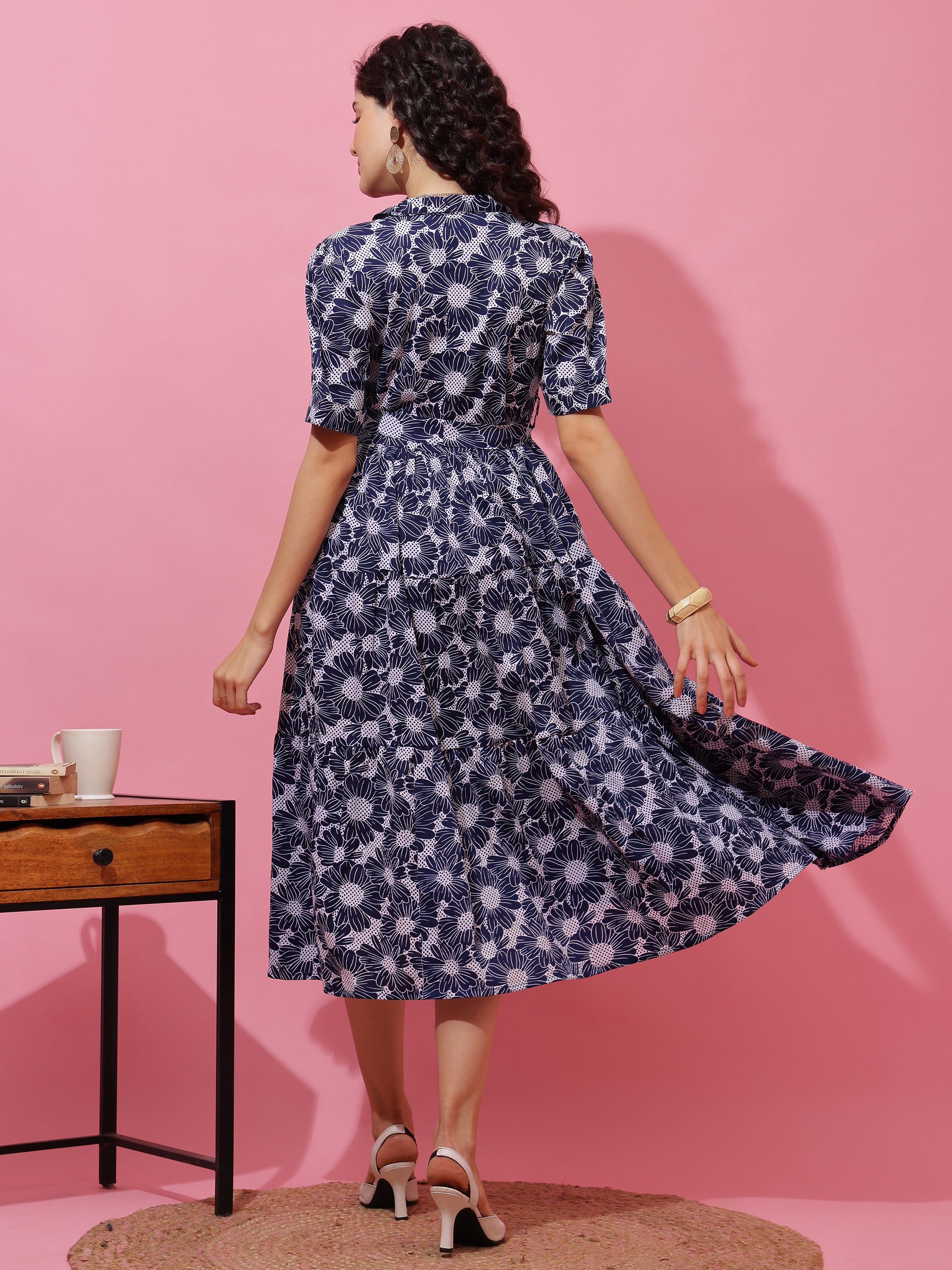 Women Printed Shirt Collar Fit and Flare Midi Dress