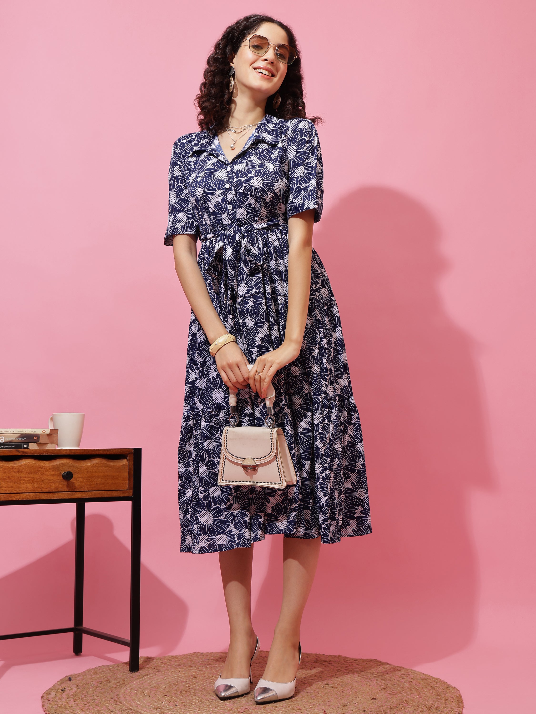 Women Printed Shirt Collar Fit and Flare Midi Dress