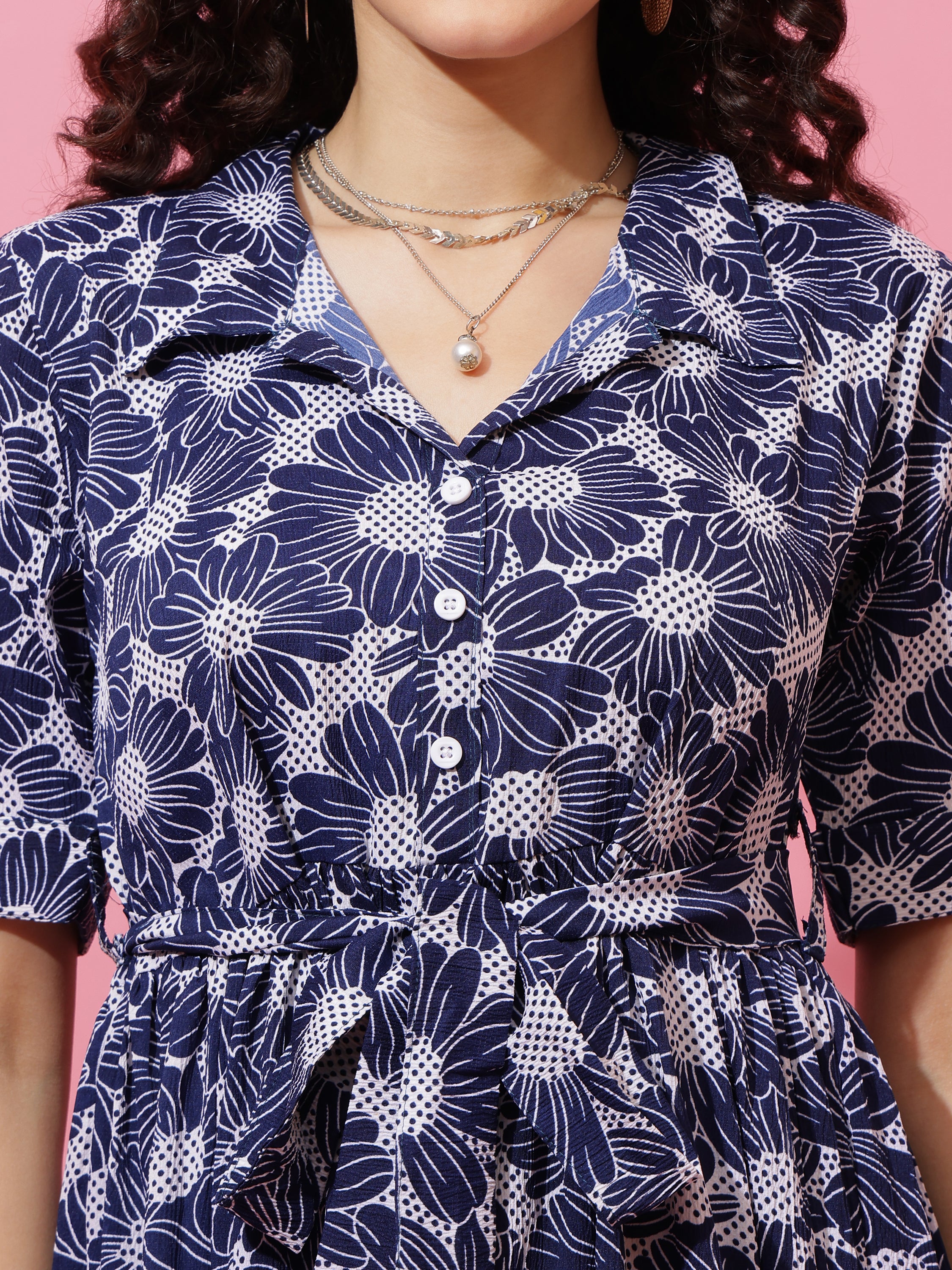 Women Printed Shirt Collar Fit and Flare Midi Dress