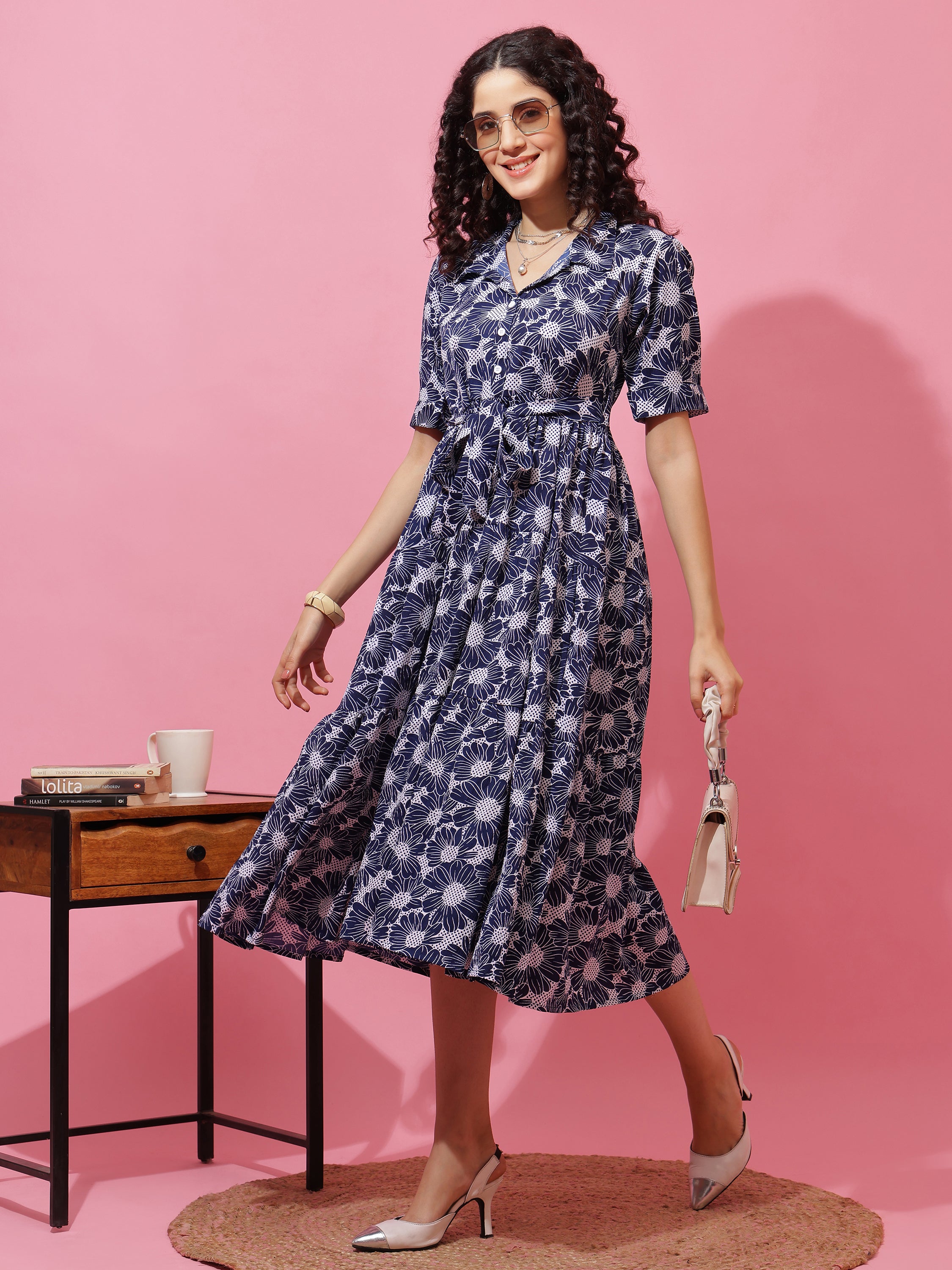 Women Printed Shirt Collar Fit and Flare Midi Dress