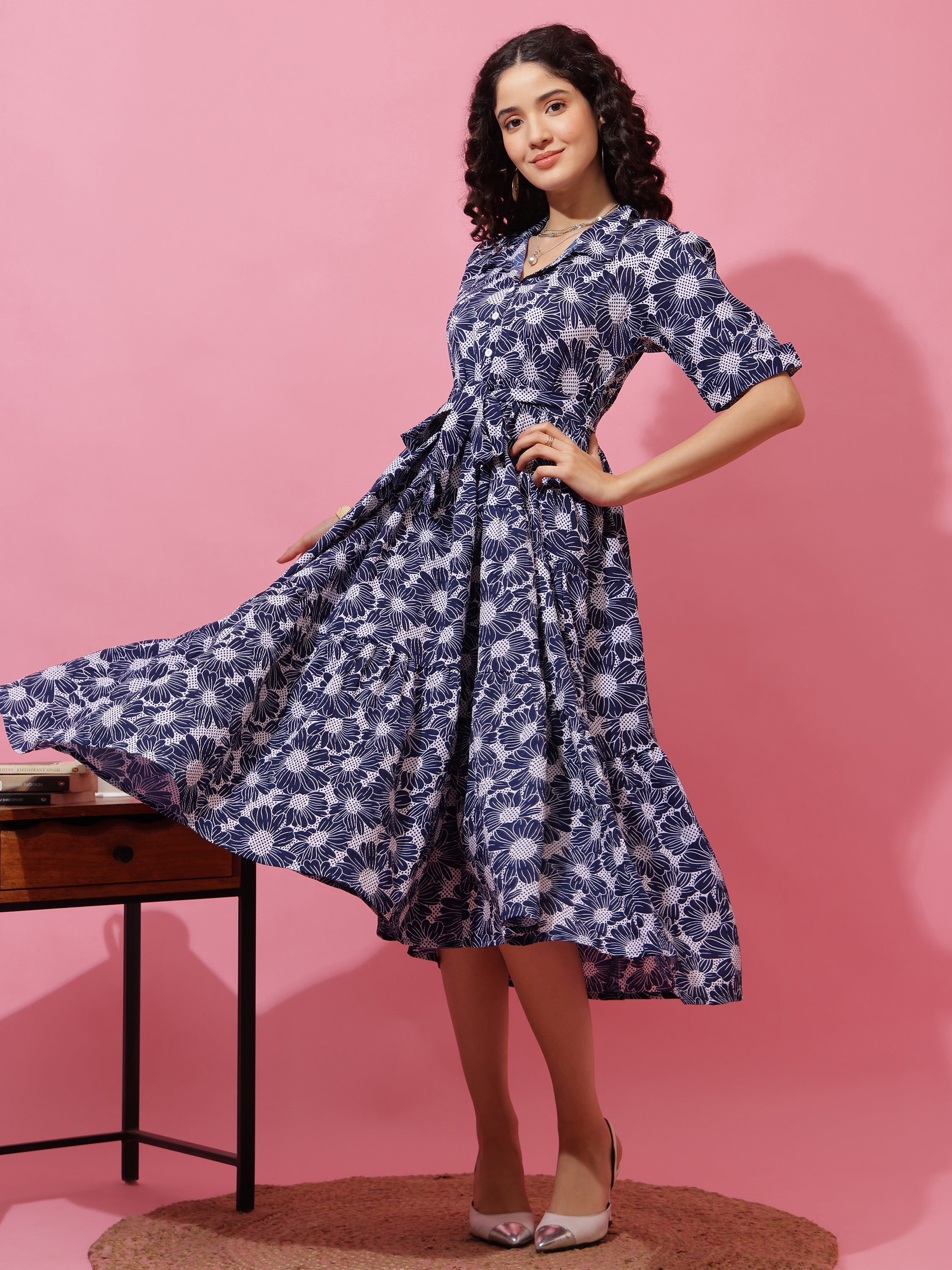 Women Printed Shirt Collar Fit and Flare Midi Dress