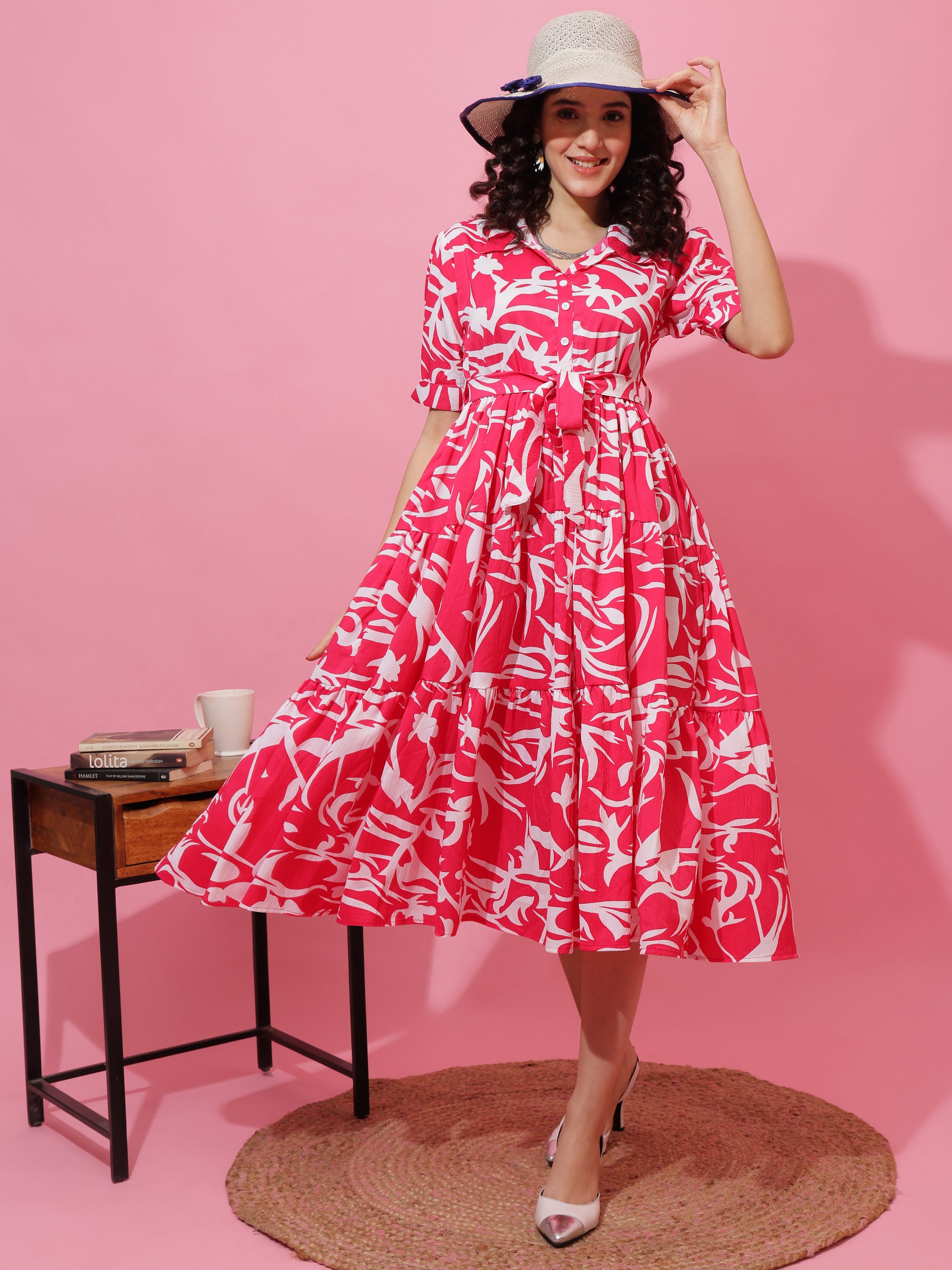 Women Printed Shirt Collar Fit and Flare Midi Dress
