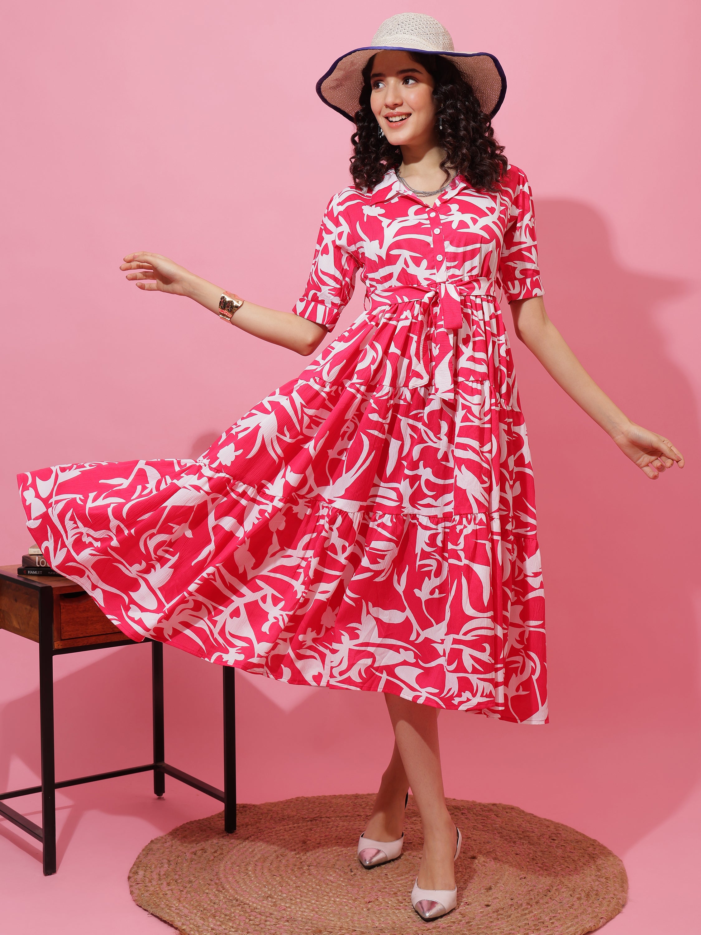 Women Printed Shirt Collar Fit and Flare Midi Dress