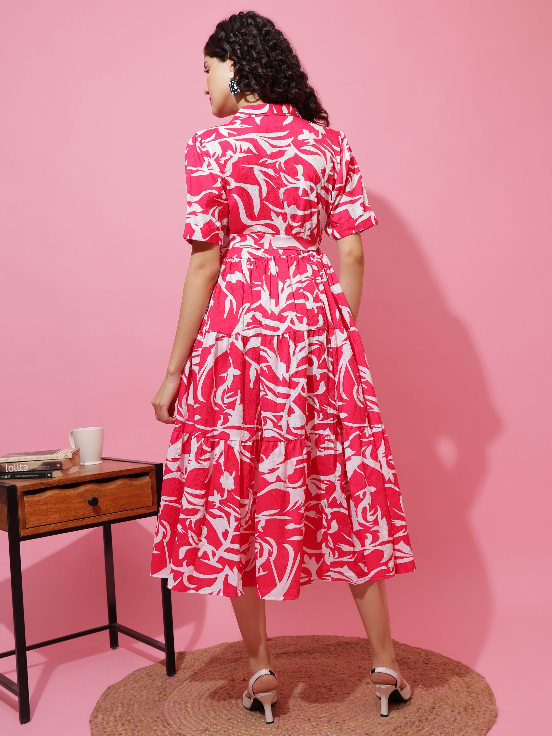 Women Printed Shirt Collar Fit and Flare Midi Dress
