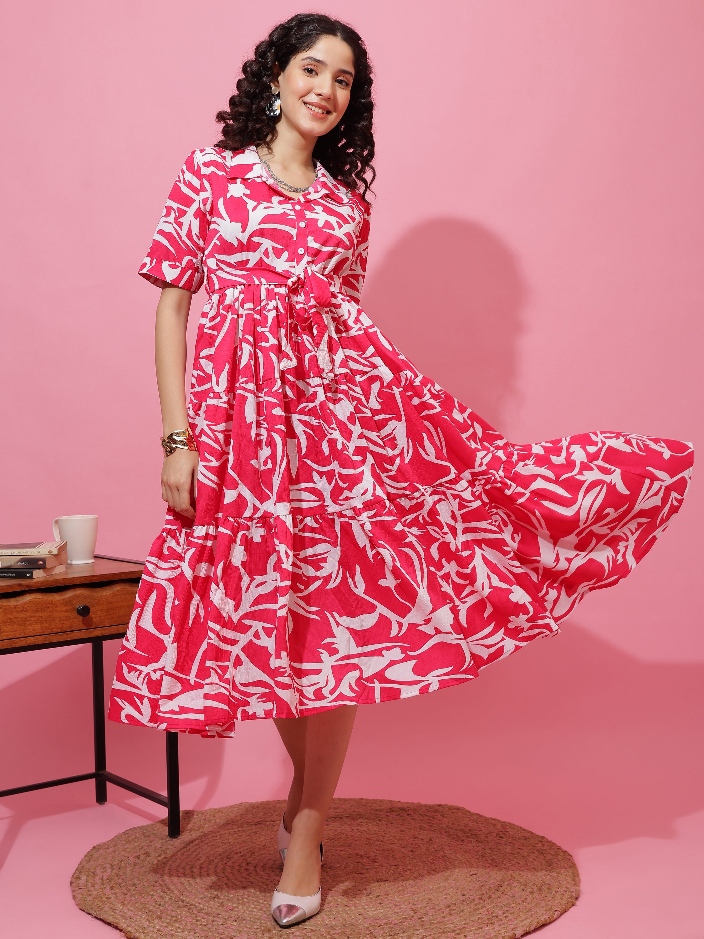Women Printed Shirt Collar Fit and Flare Midi Dress