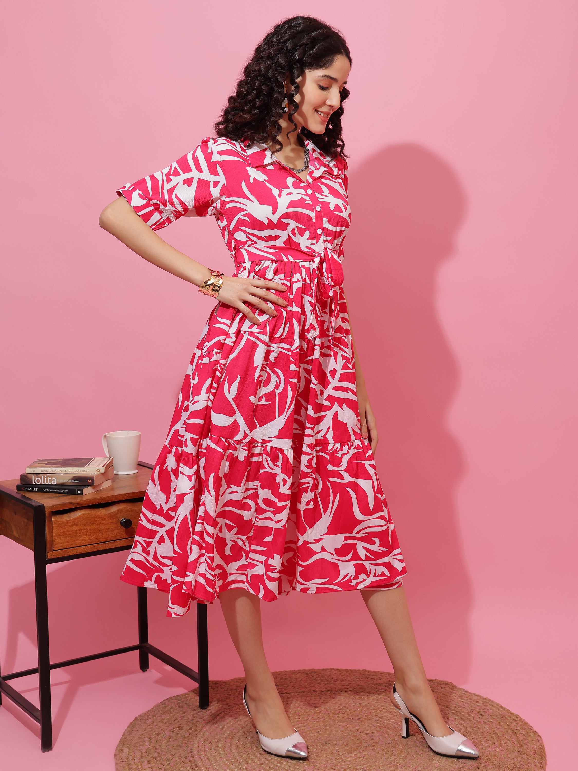 Women Printed Shirt Collar Fit and Flare Midi Dress