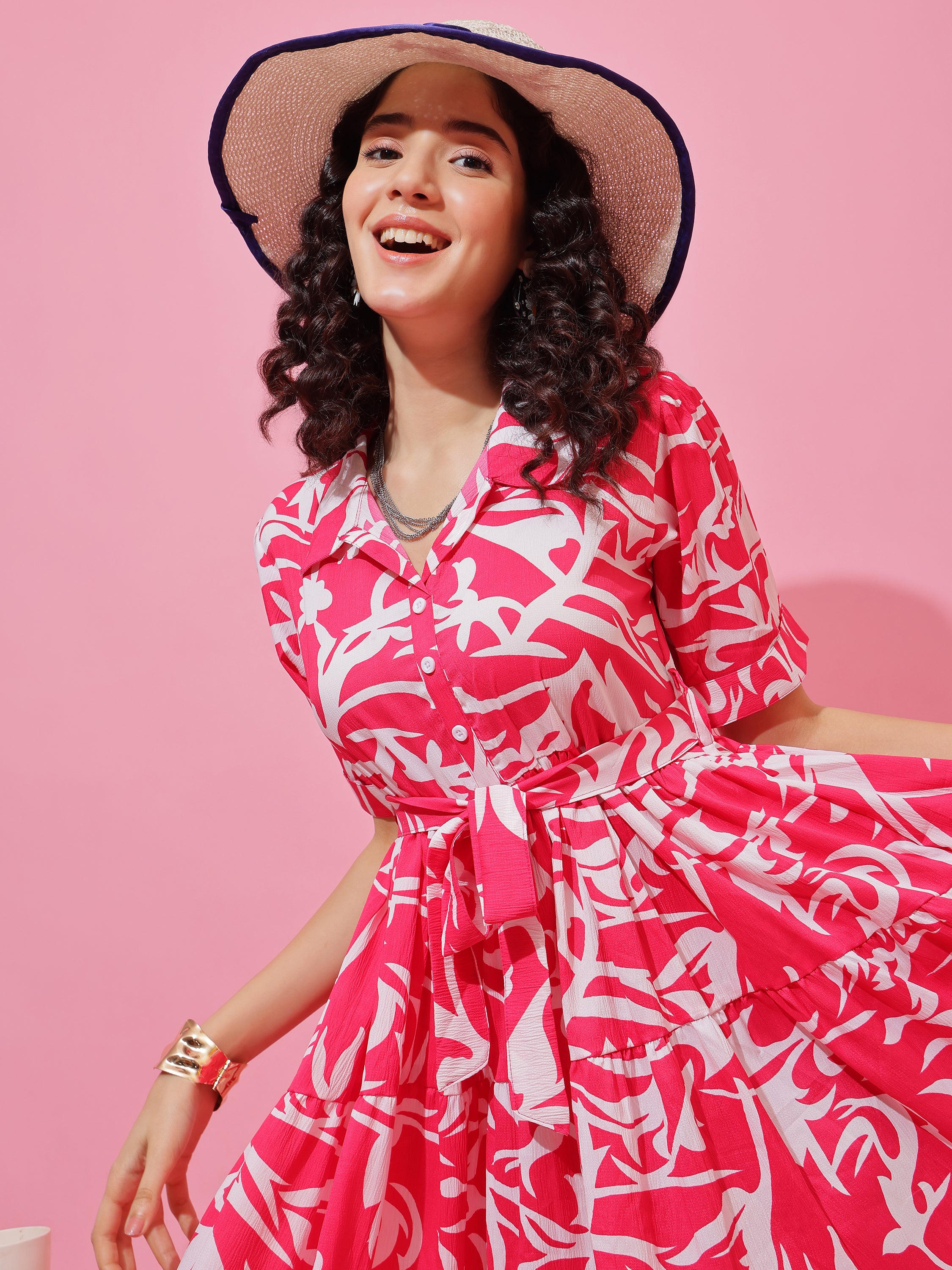 Women Printed Shirt Collar Fit and Flare Midi Dress
