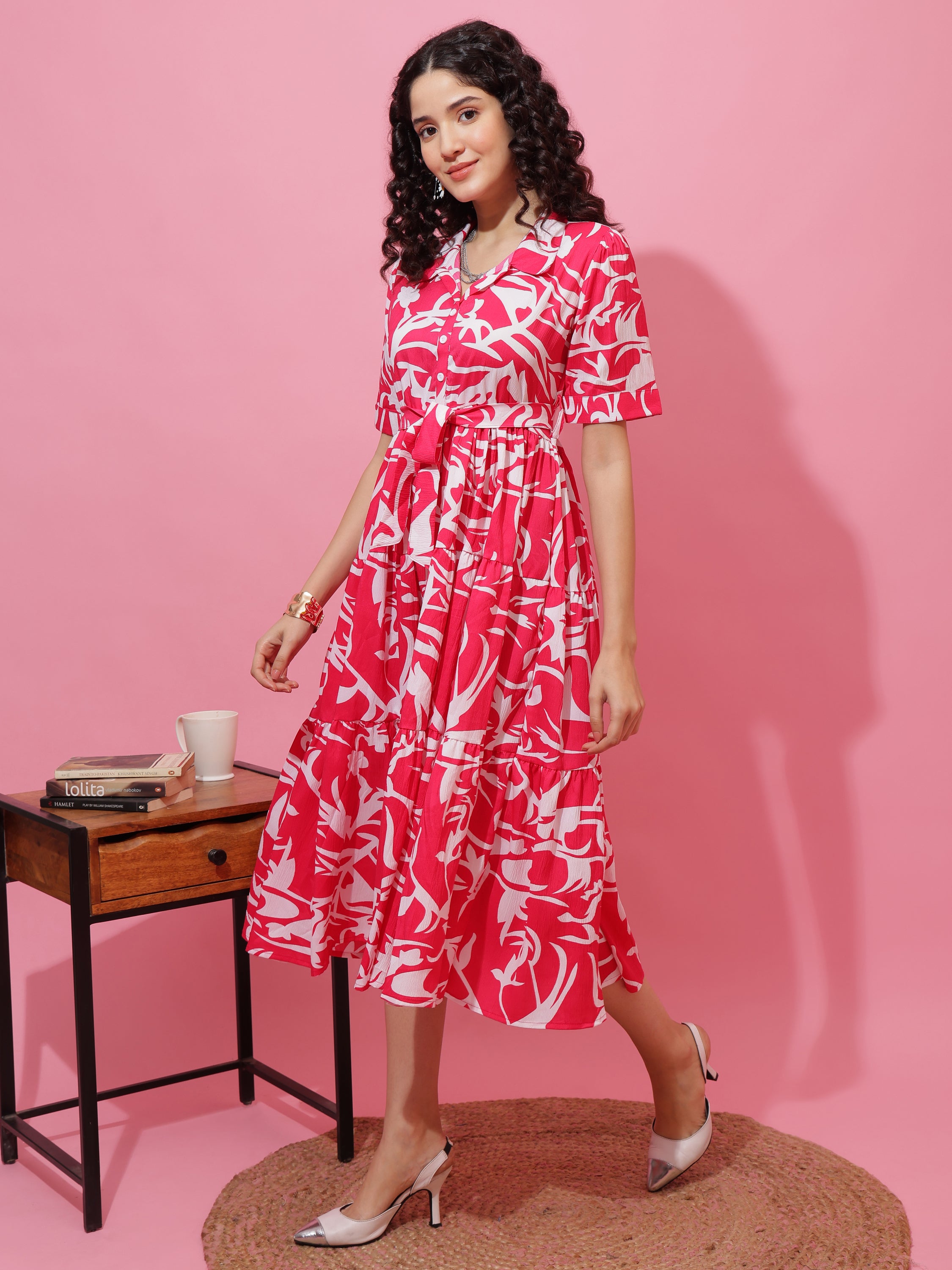 Women Printed Shirt Collar Fit and Flare Midi Dress
