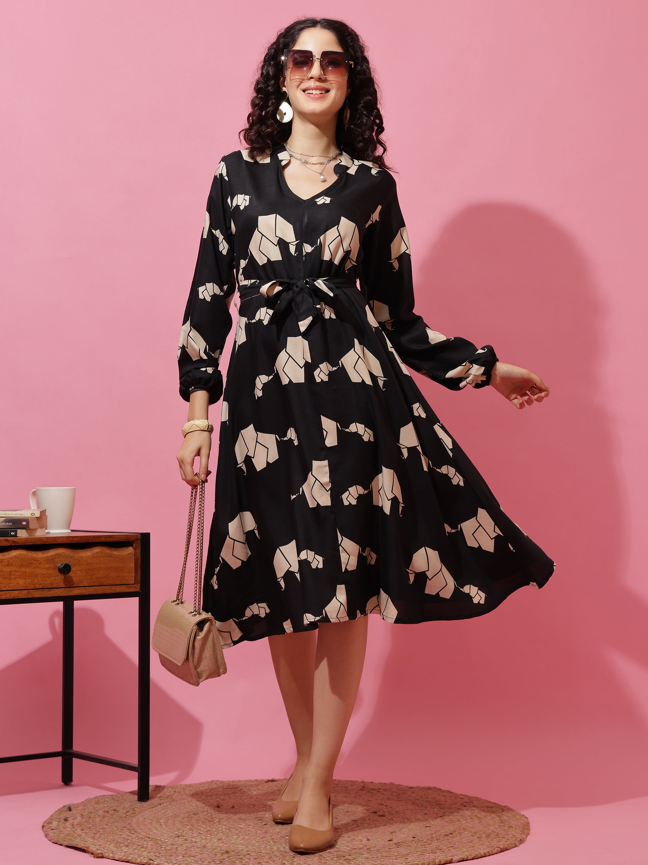 Black Elephant Printed Long Sleeve A-Line Calf Length Dress