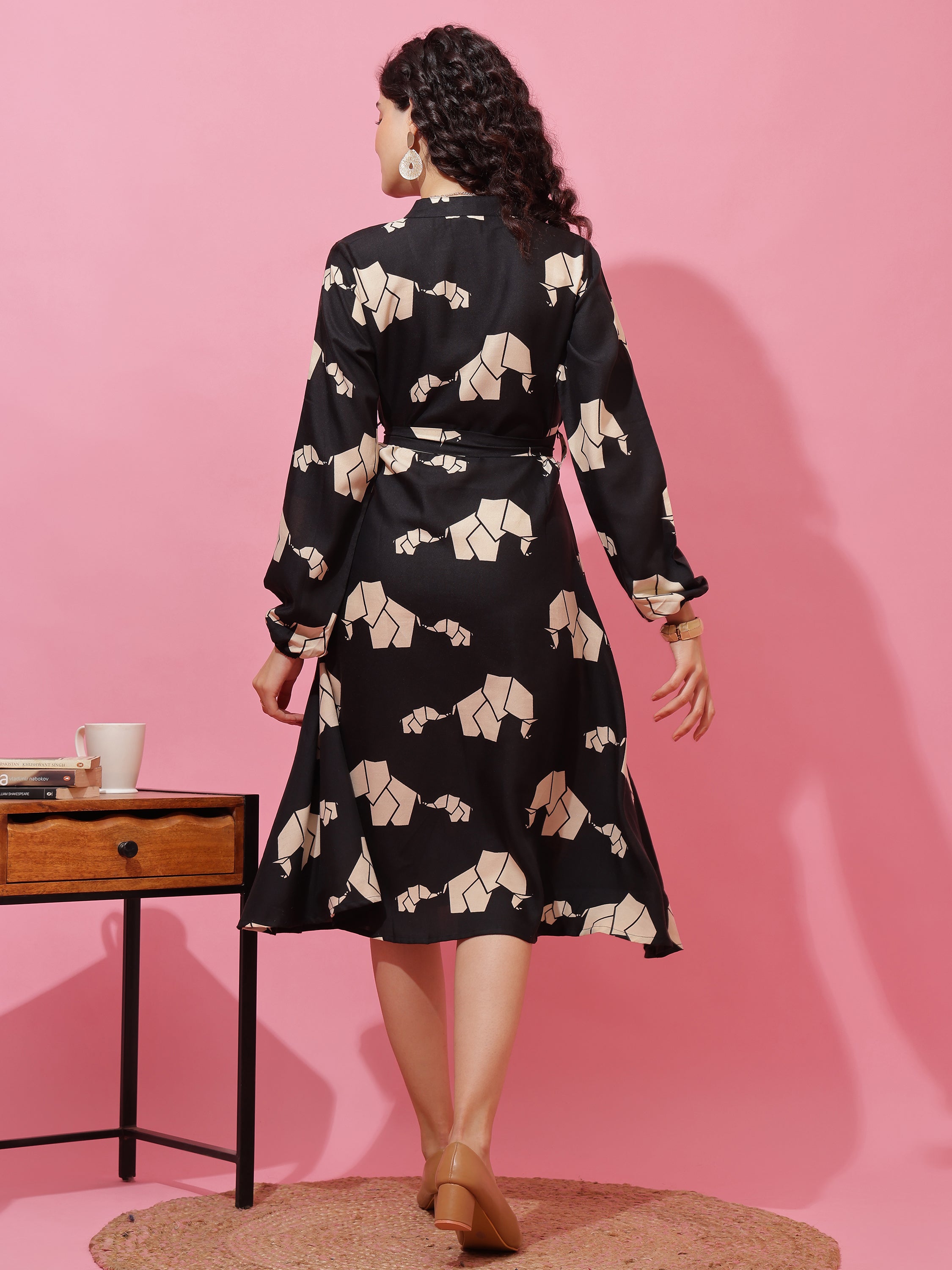 Black Elephant Printed Long Sleeve A-Line Calf Length Dress