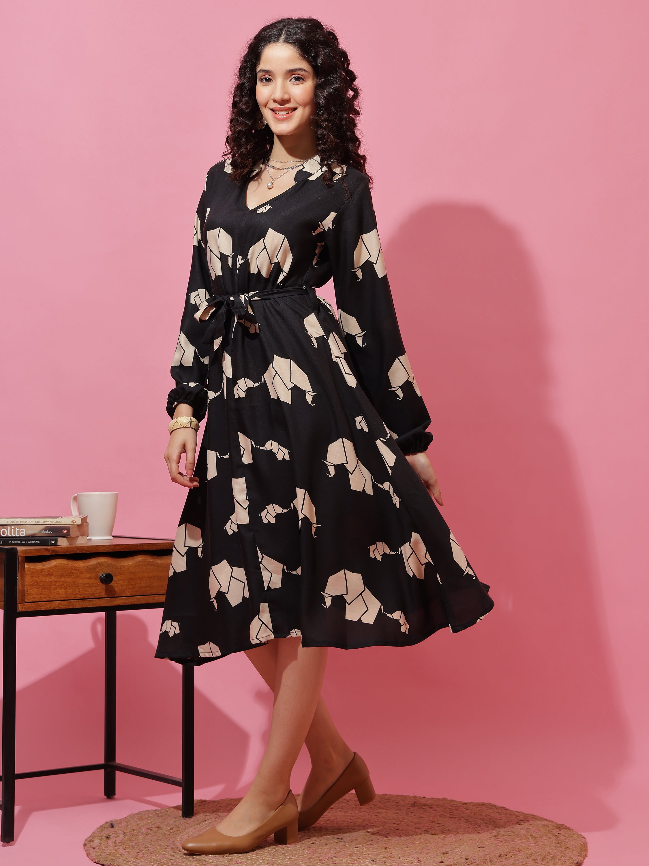 Black Elephant Printed Long Sleeve A-Line Calf Length Dress