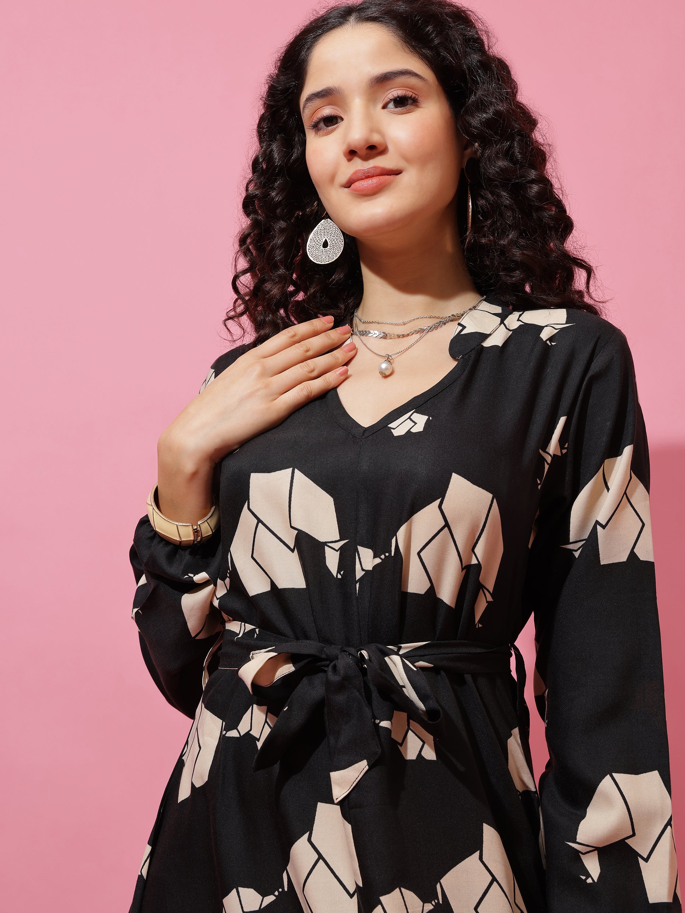 Black Elephant Printed Long Sleeve A-Line Calf Length Dress