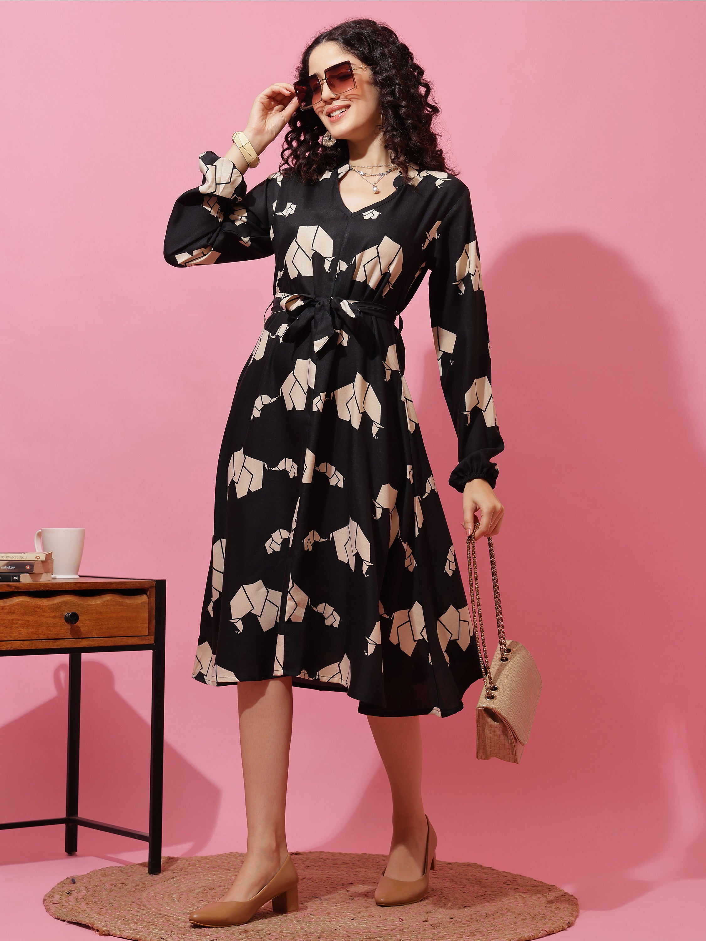 Black Elephant Printed Long Sleeve A-Line Calf Length Dress