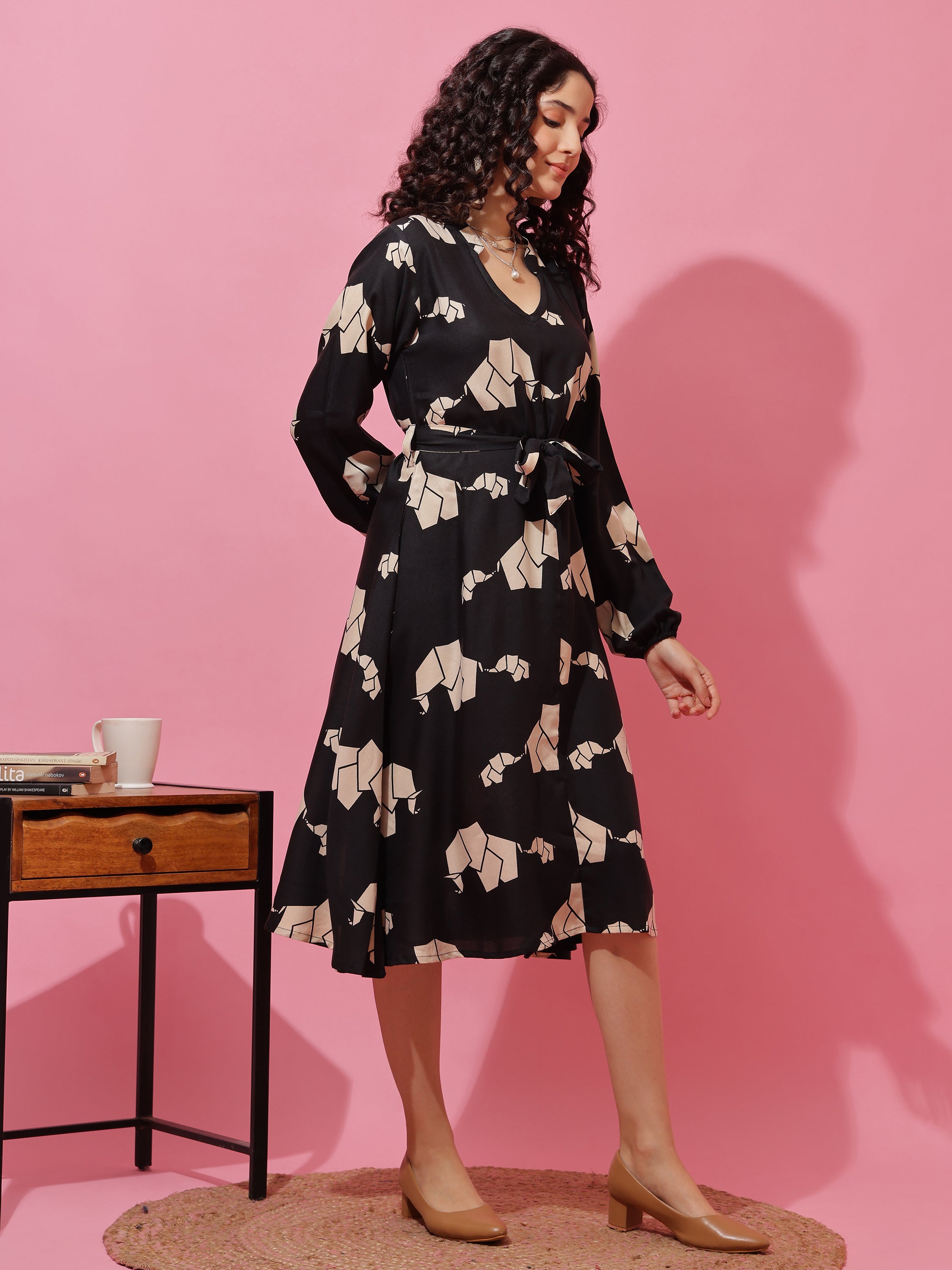 Black Elephant Printed Long Sleeve A-Line Calf Length Dress
