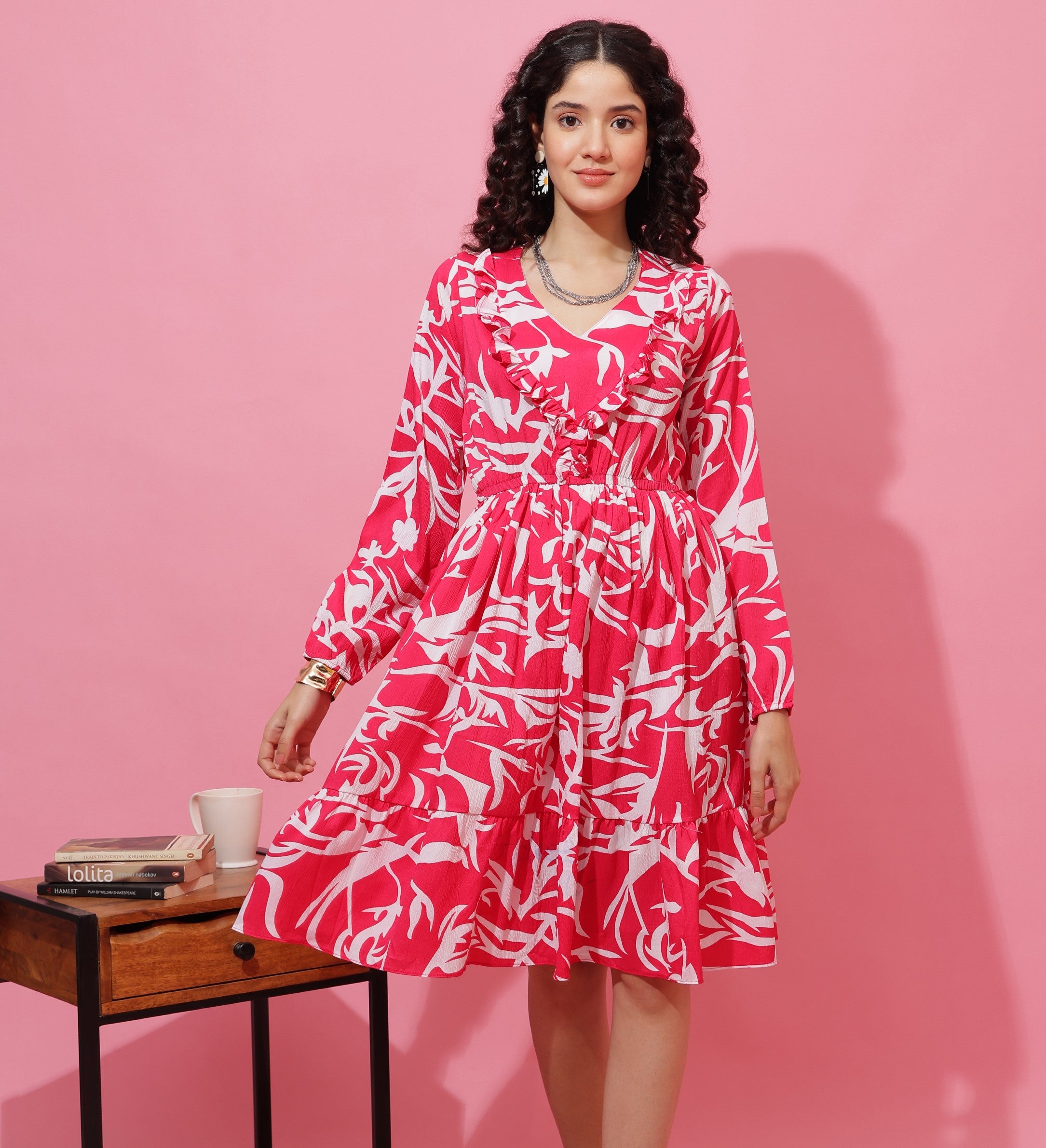 Pink Abstract Printed Puffed Sleeve A-Line Calf-Length Dress