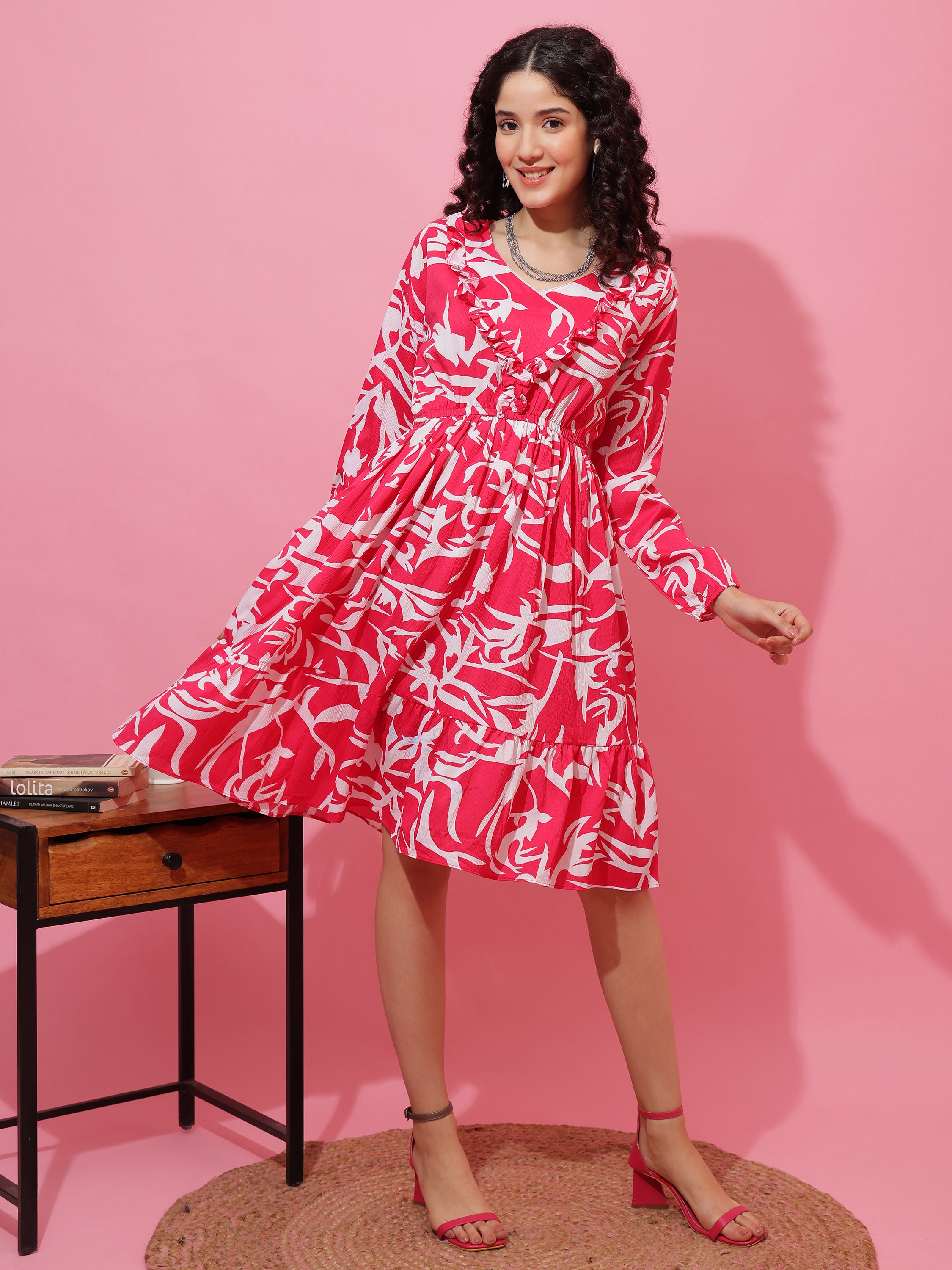 Pink Abstract Printed Puffed Sleeve A-Line Calf-Length Dress