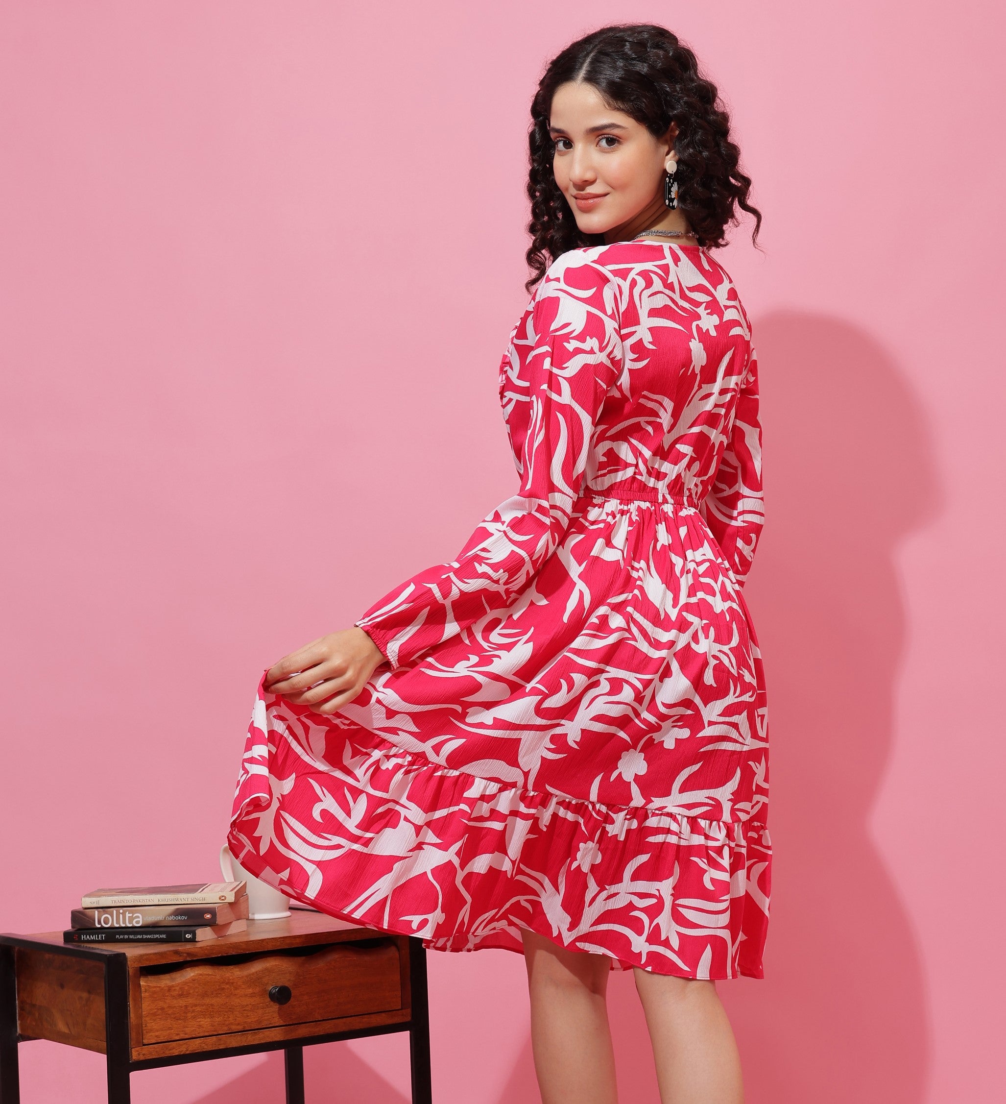 Pink Abstract Printed Puffed Sleeve A-Line Calf-Length Dress