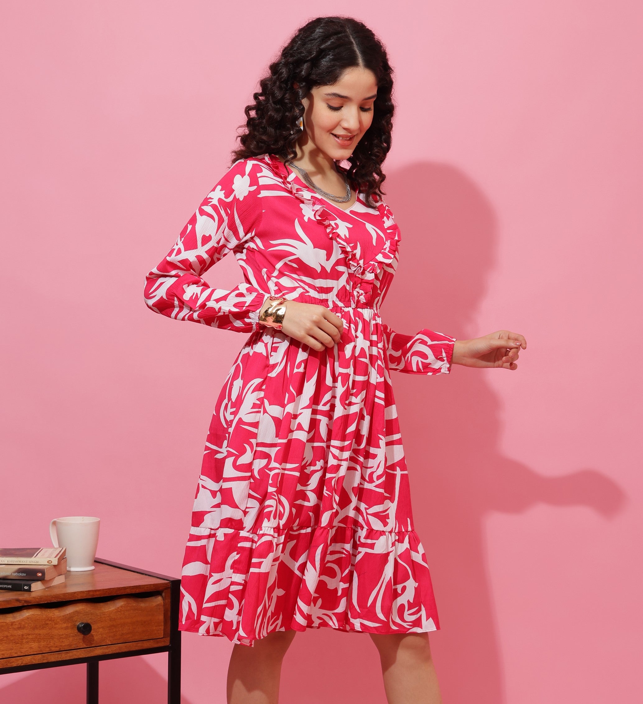 Pink Abstract Printed Puffed Sleeve A-Line Calf-Length Dress