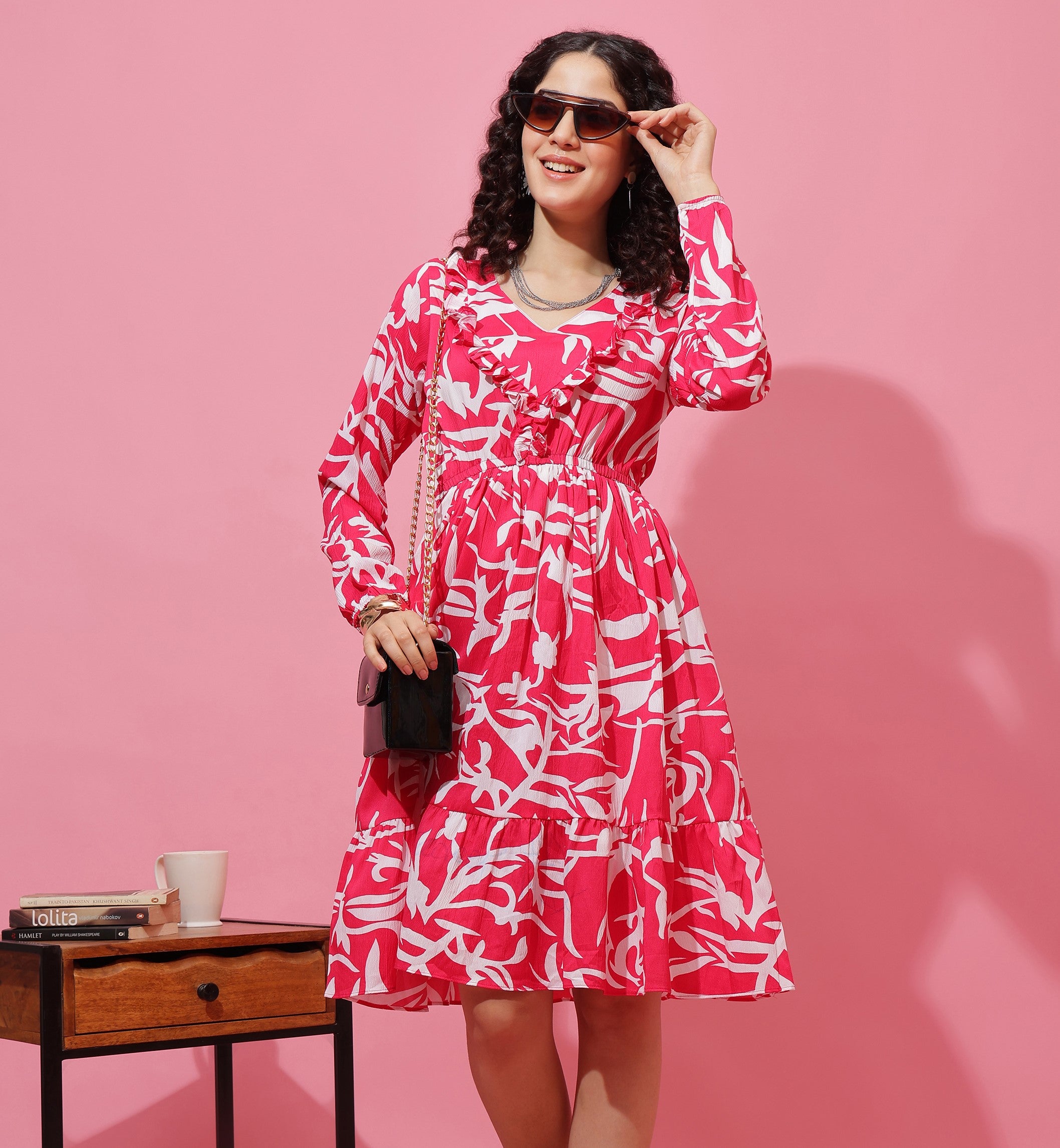 Pink Abstract Printed Puffed Sleeve A-Line Calf-Length Dress