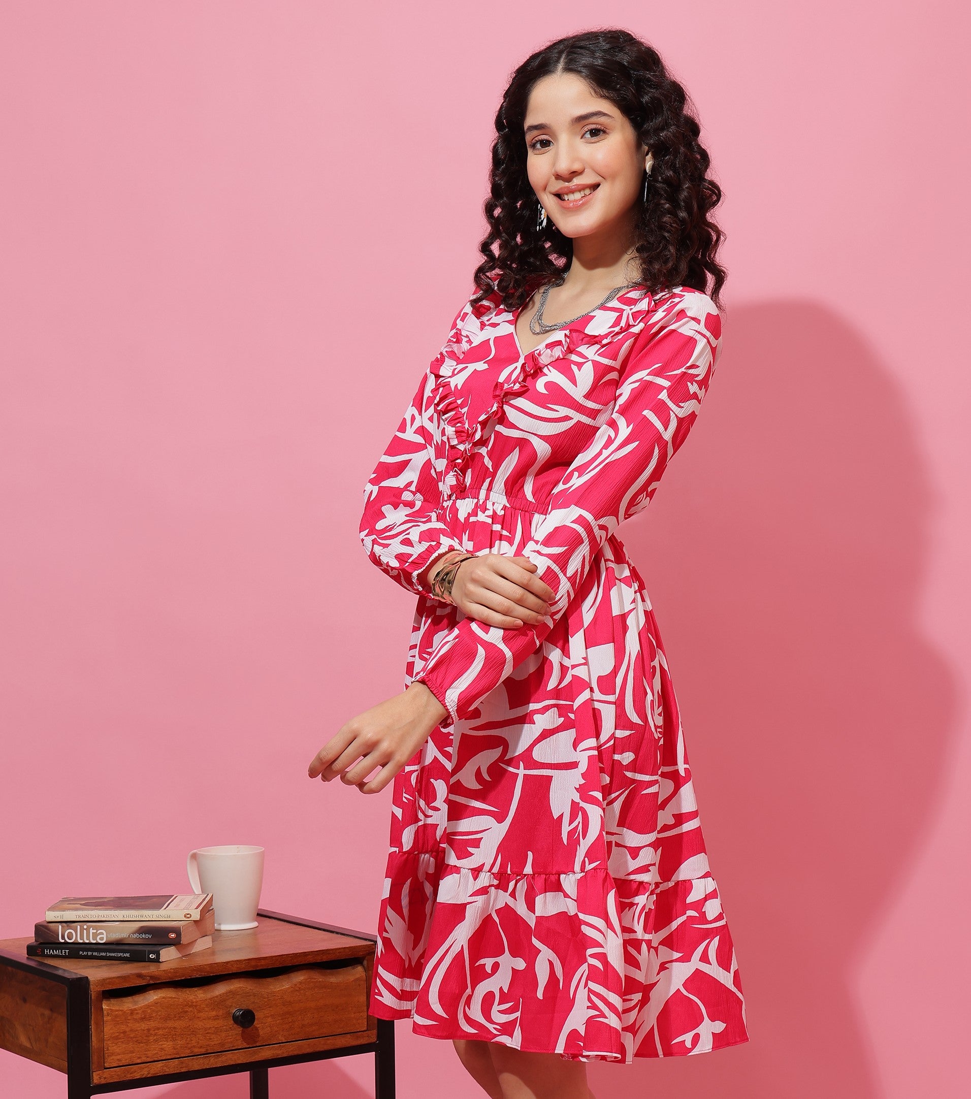 Pink Abstract Printed Puffed Sleeve A-Line Calf-Length Dress