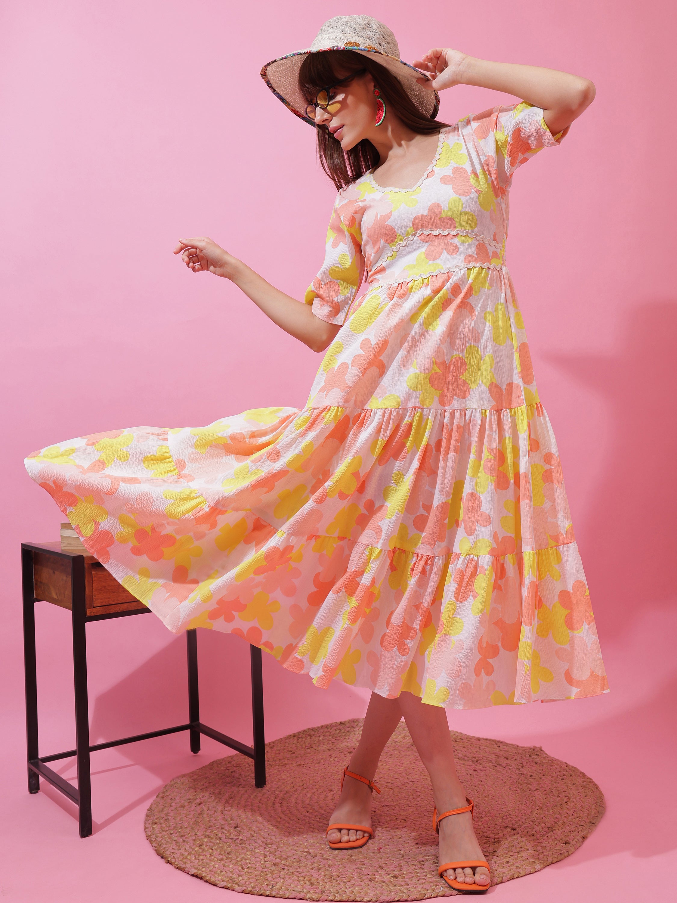 Elegant Yellow Floral Printed V-Neck Fit & Flare Midi Dress for Women