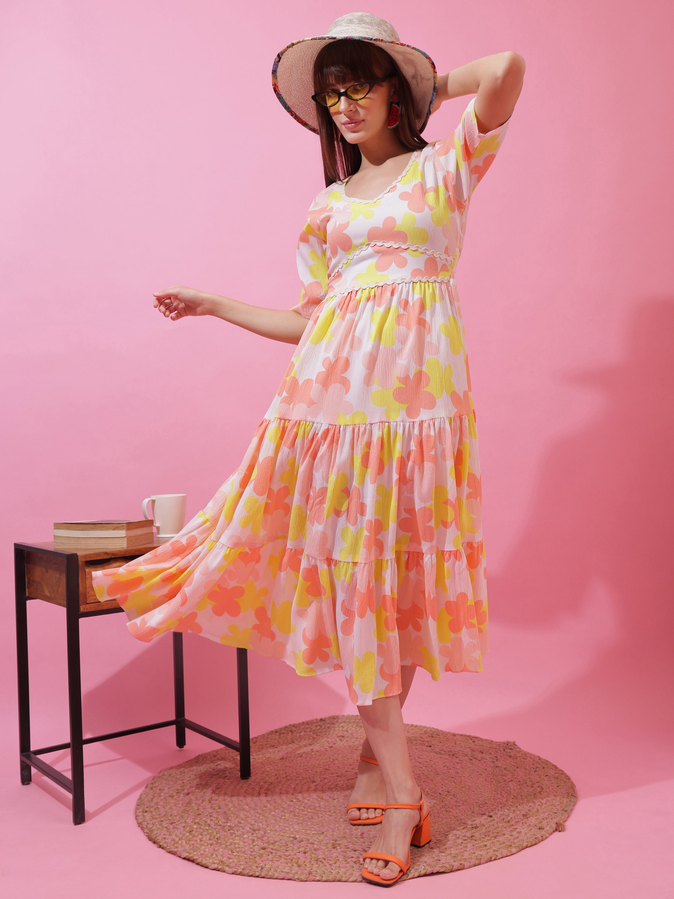 Elegant Yellow Floral Printed V-Neck Fit & Flare Midi Dress for Women