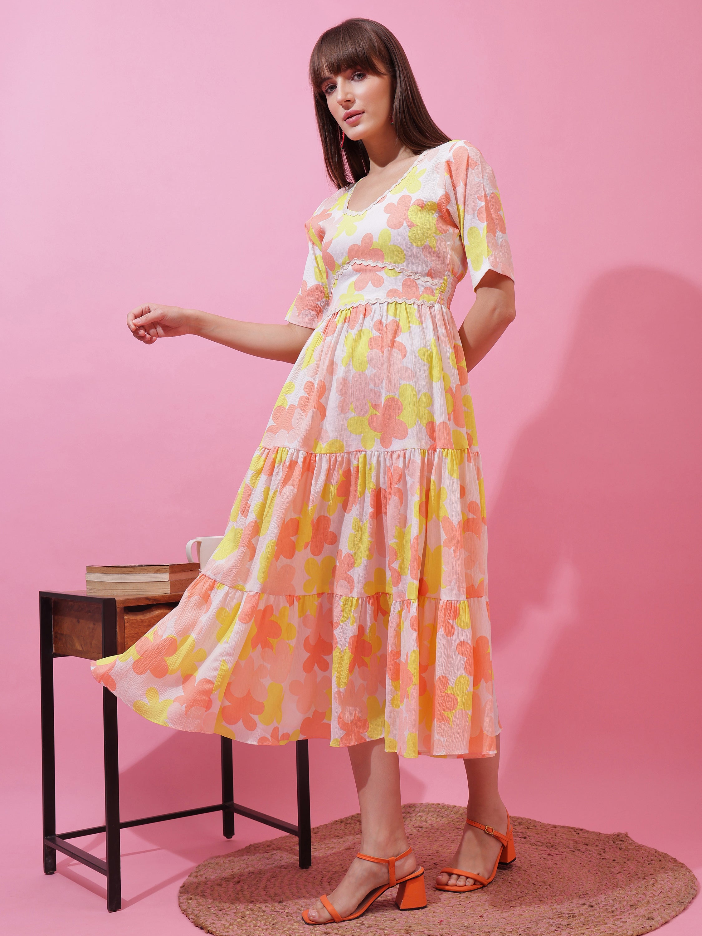 Elegant Yellow Floral Printed V-Neck Fit & Flare Midi Dress for Women