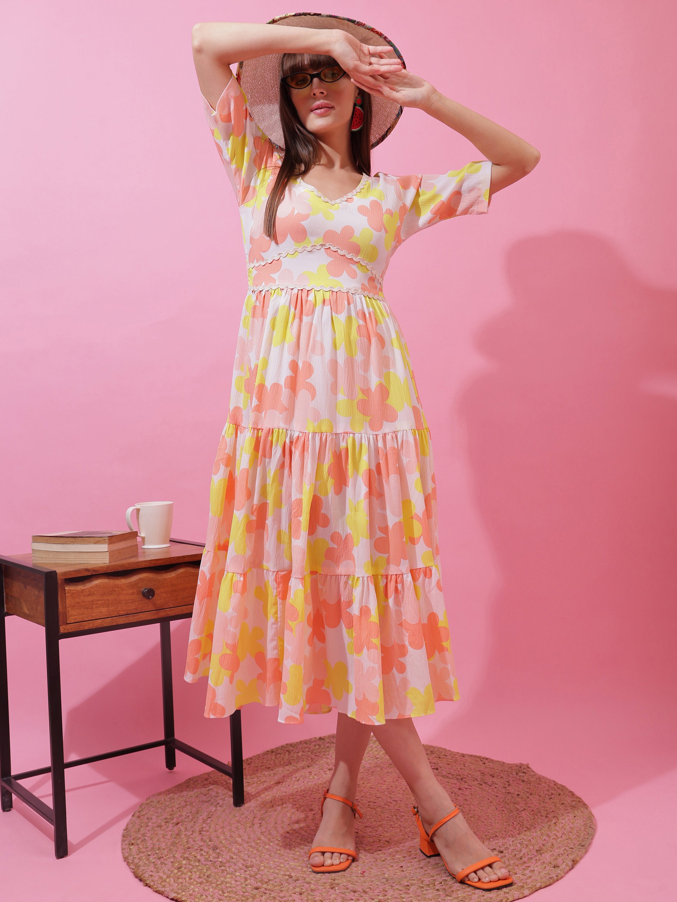 Elegant Yellow Floral Printed V-Neck Fit & Flare Midi Dress for Women