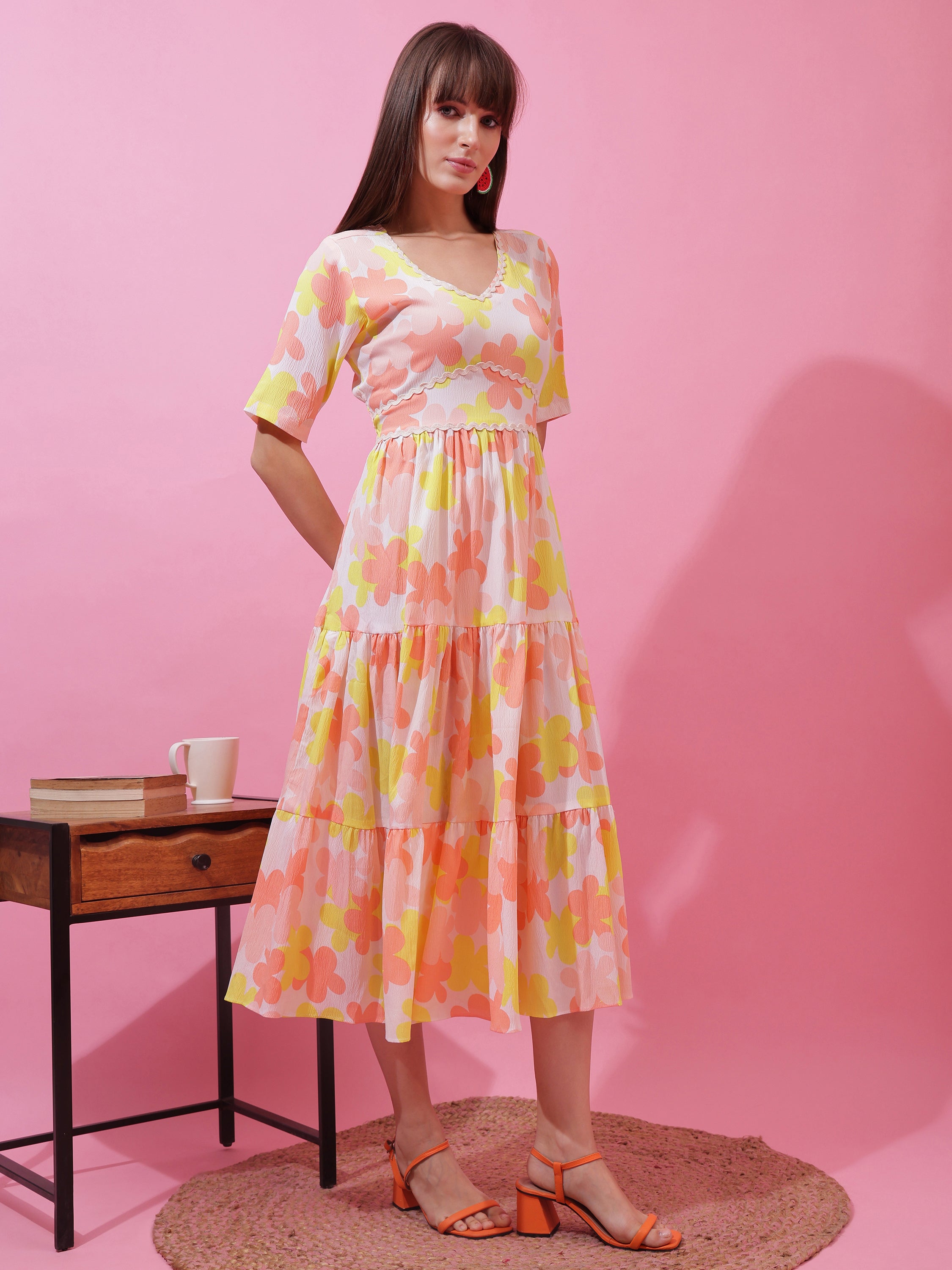 Elegant Yellow Floral Printed V-Neck Fit & Flare Midi Dress for Women