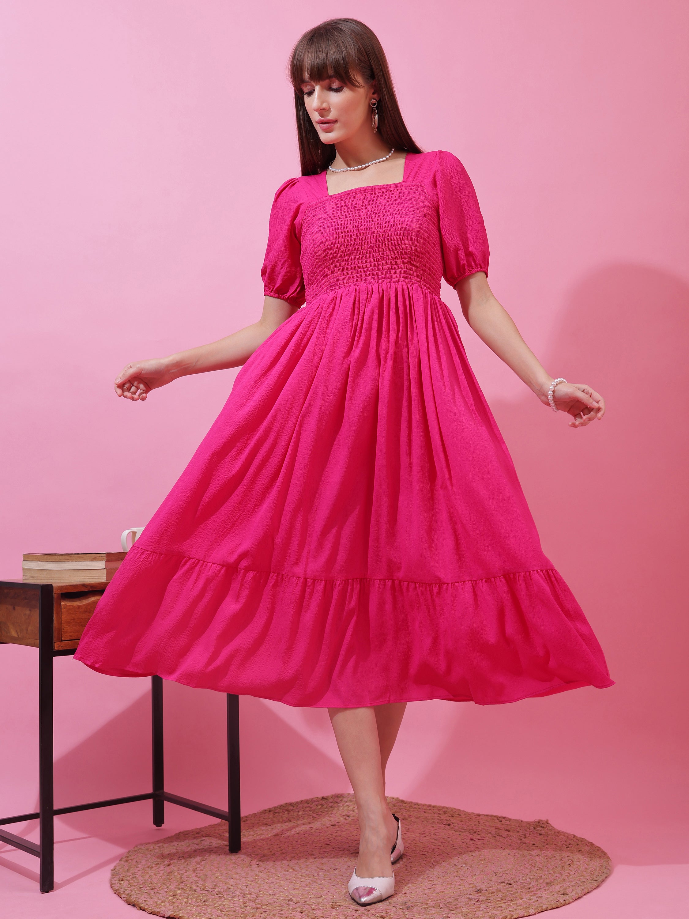 Women’s Solid Pink Smocked Fit & Flare Puff Sleeve Midi Dress