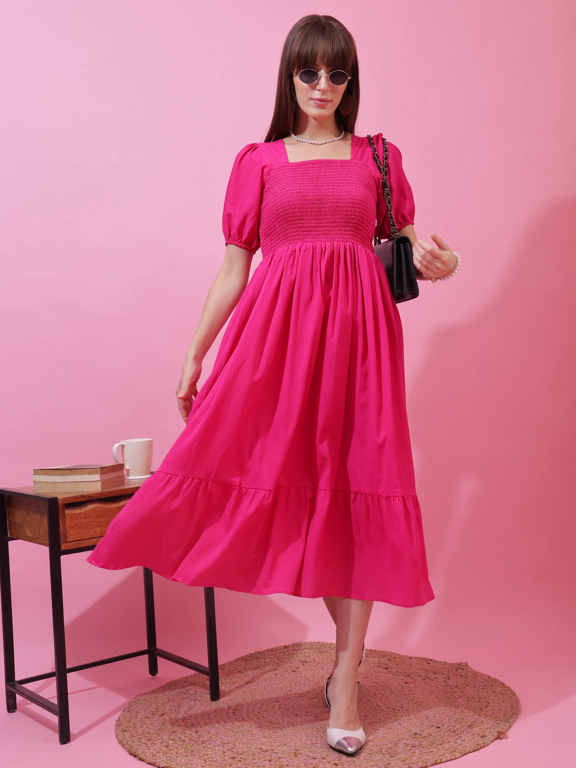 Women’s Solid Pink Smocked Fit & Flare Puff Sleeve Midi Dress