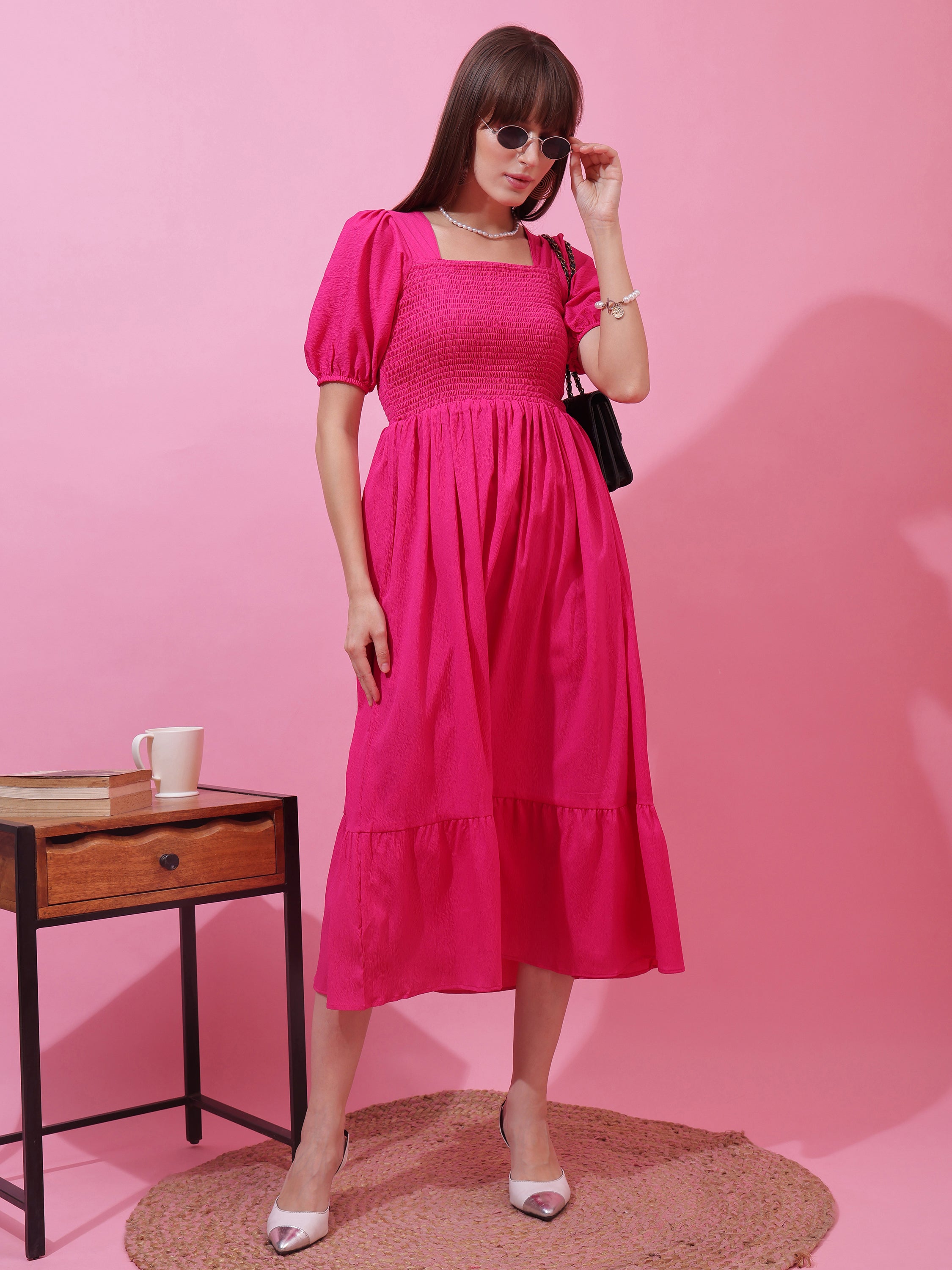 Women’s Solid Pink Smocked Fit & Flare Puff Sleeve Midi Dress
