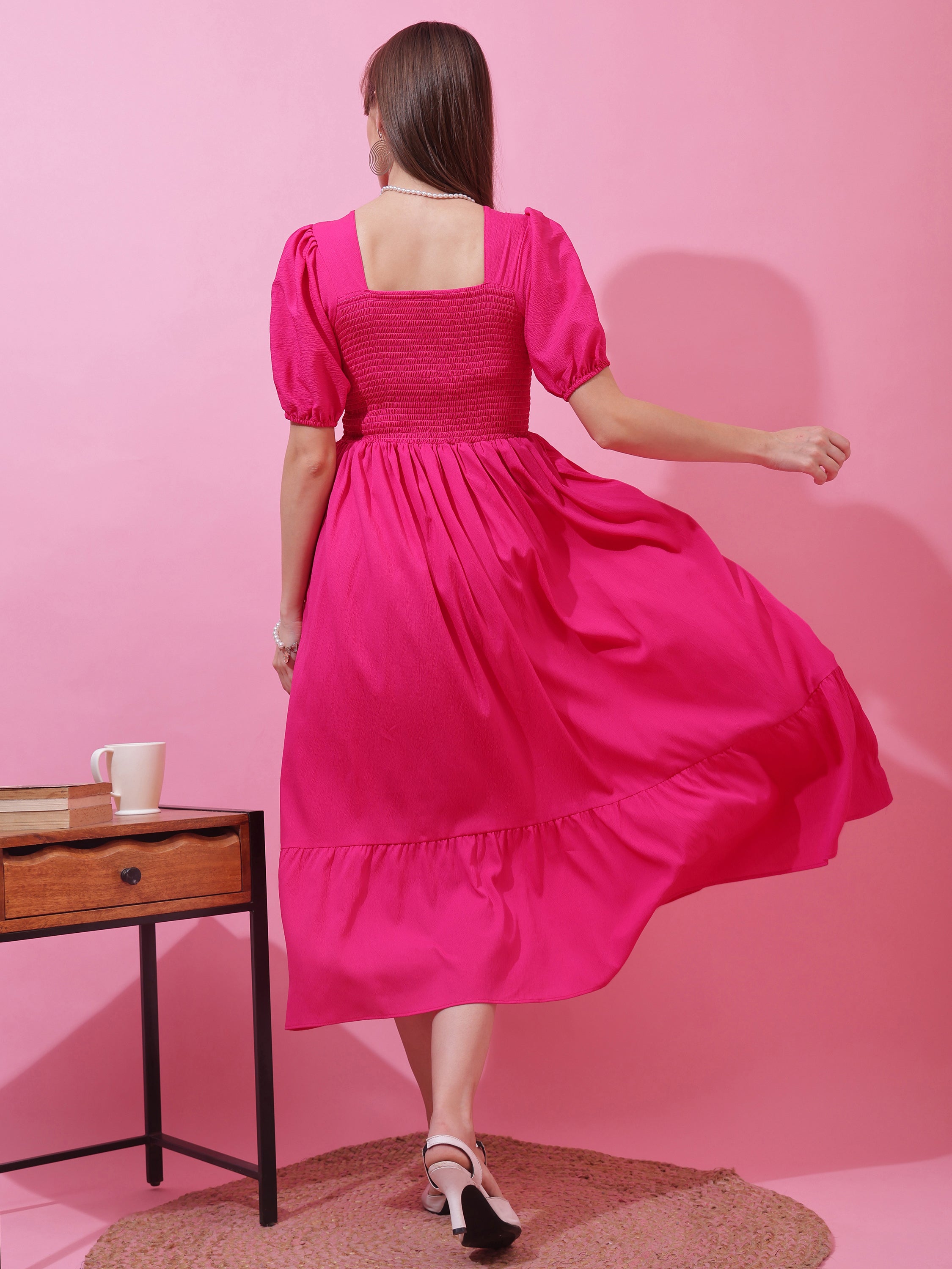 Women’s Solid Pink Smocked Fit & Flare Puff Sleeve Midi Dress