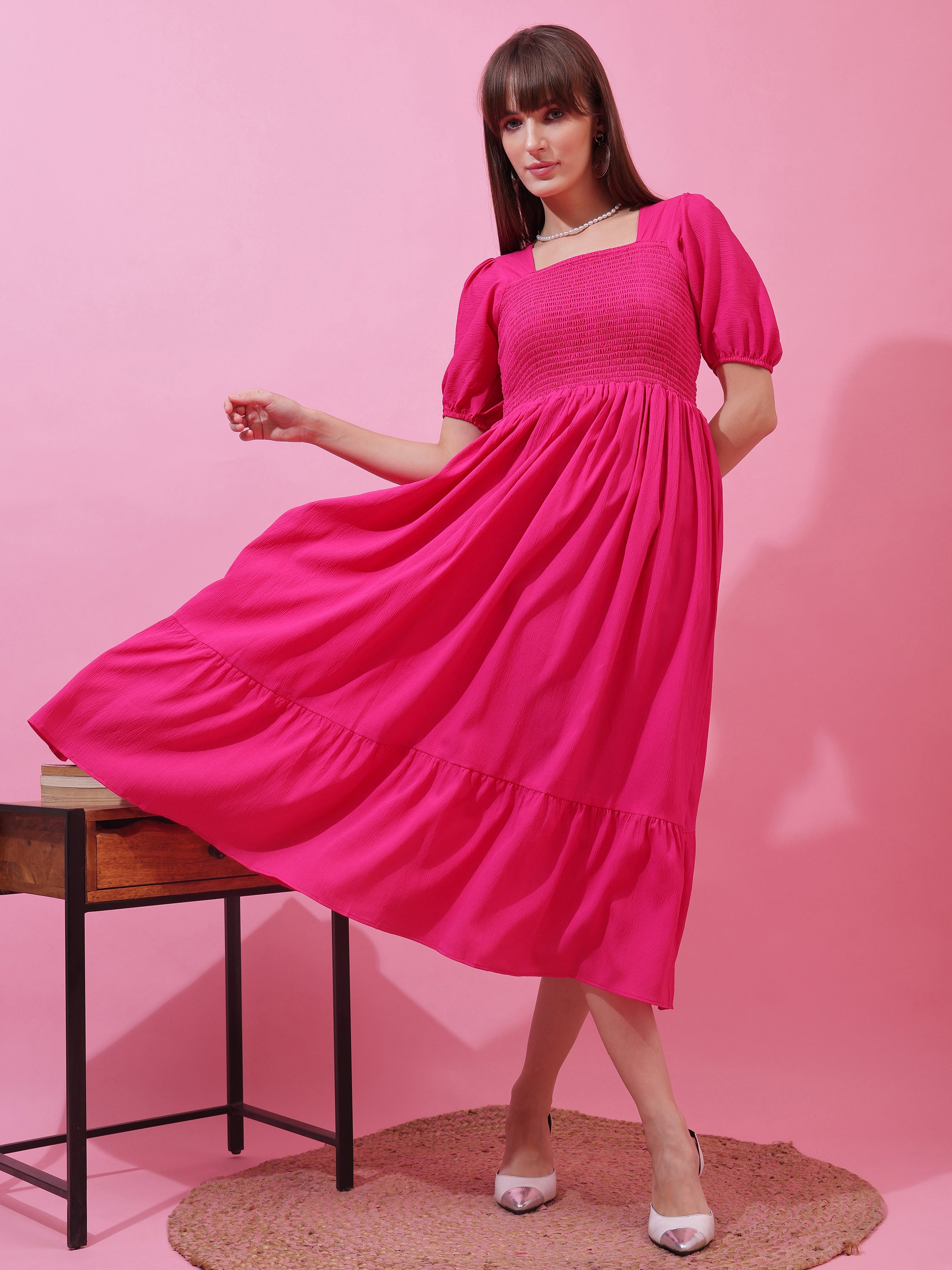 Women’s Solid Pink Smocked Fit & Flare Puff Sleeve Midi Dress