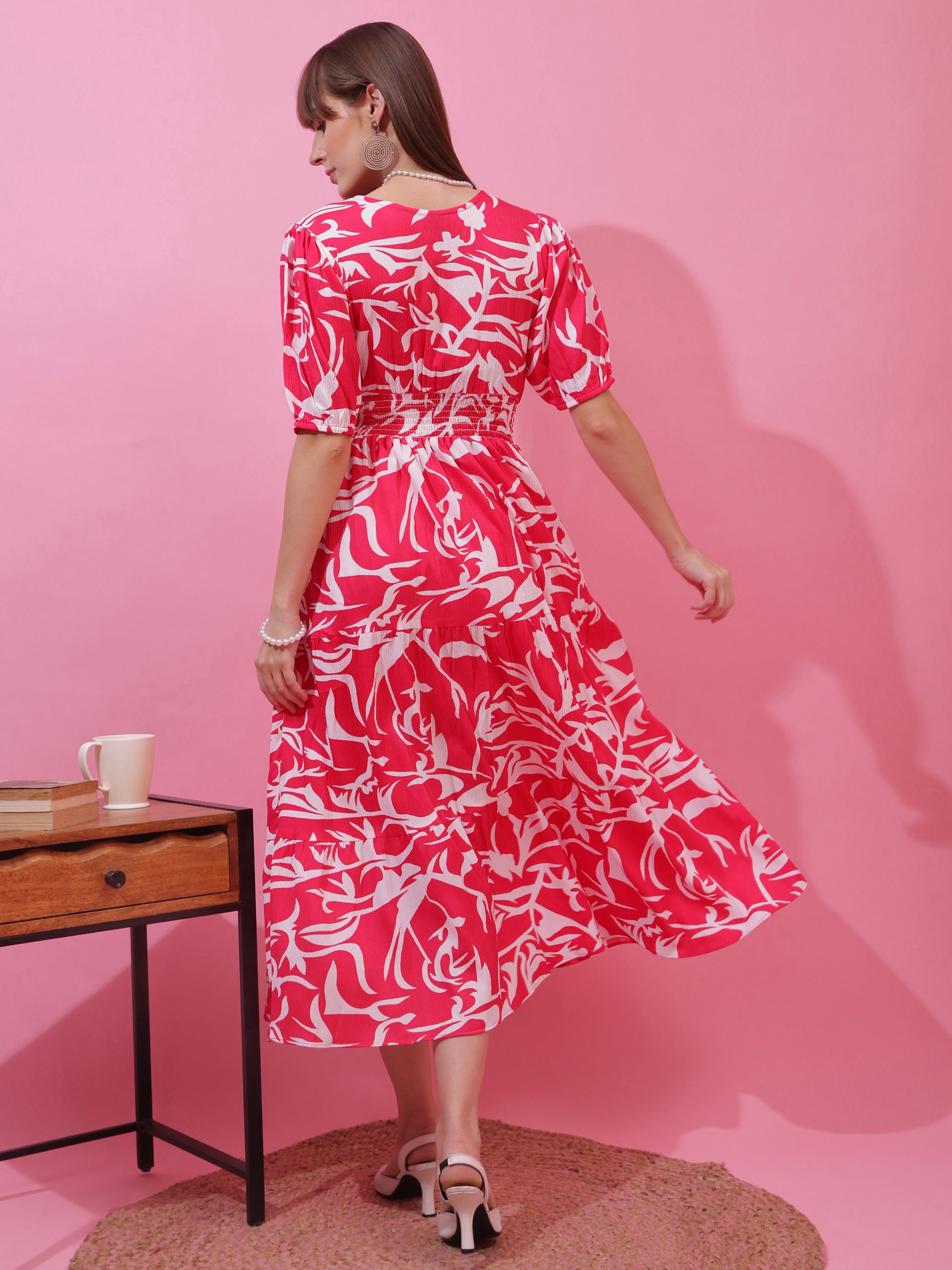 Women’s Pink & White Abstract Printed V-Neck Fit & Flare Midi Dress with Puff Sleeves