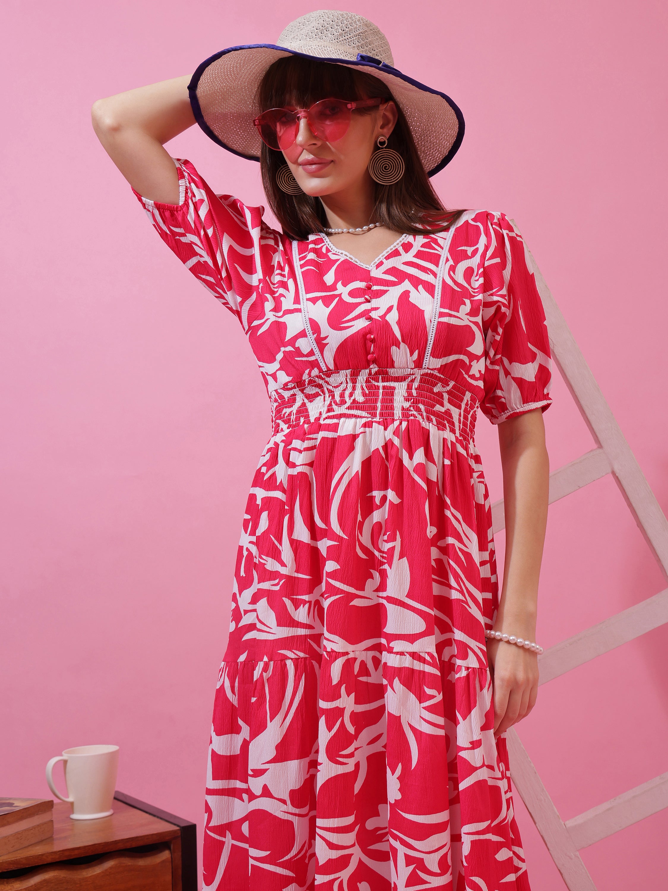 Women’s Pink & White Abstract Printed V-Neck Fit & Flare Midi Dress with Puff Sleeves