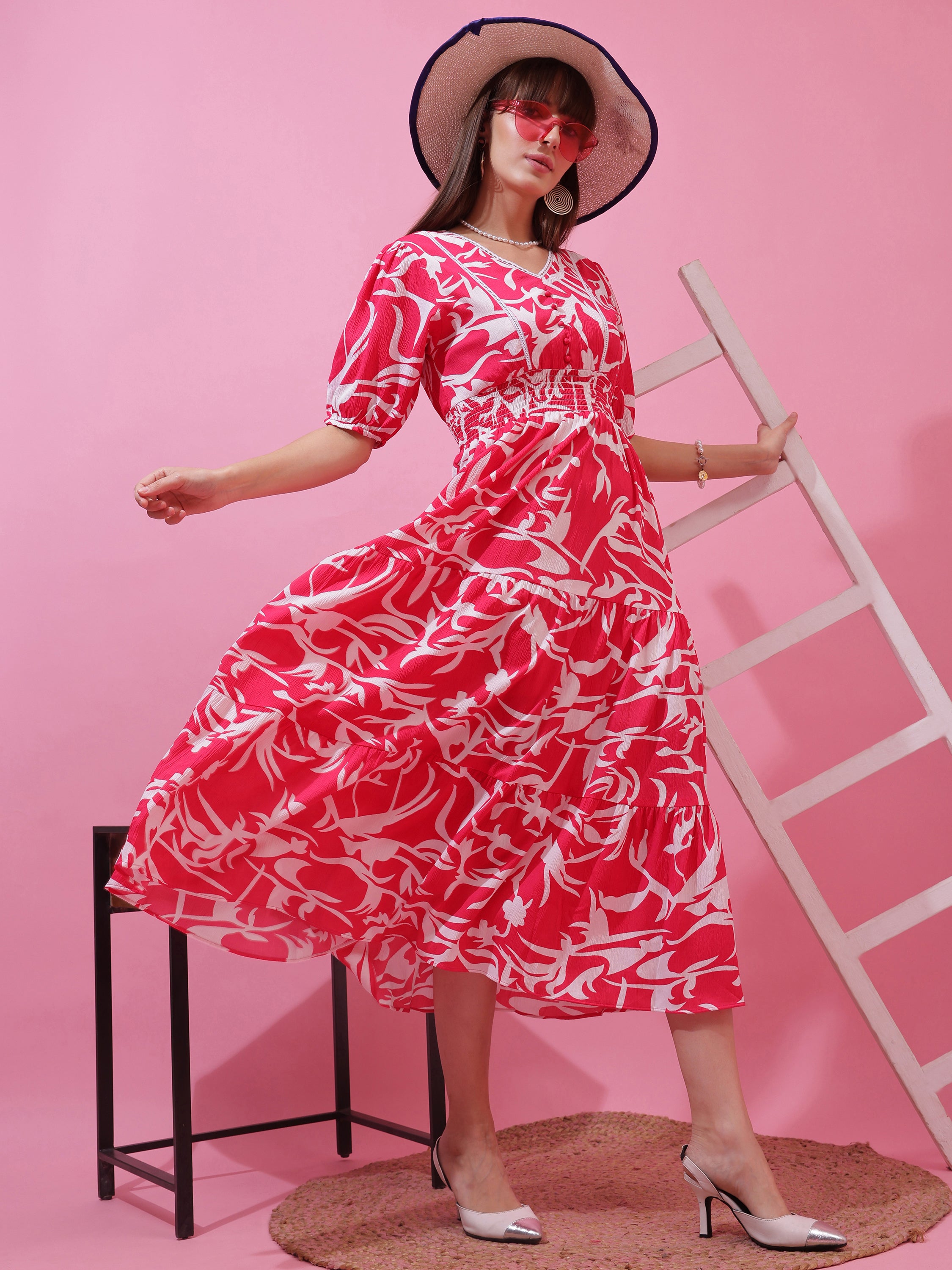 Women’s Pink & White Abstract Printed V-Neck Fit & Flare Midi Dress with Puff Sleeves