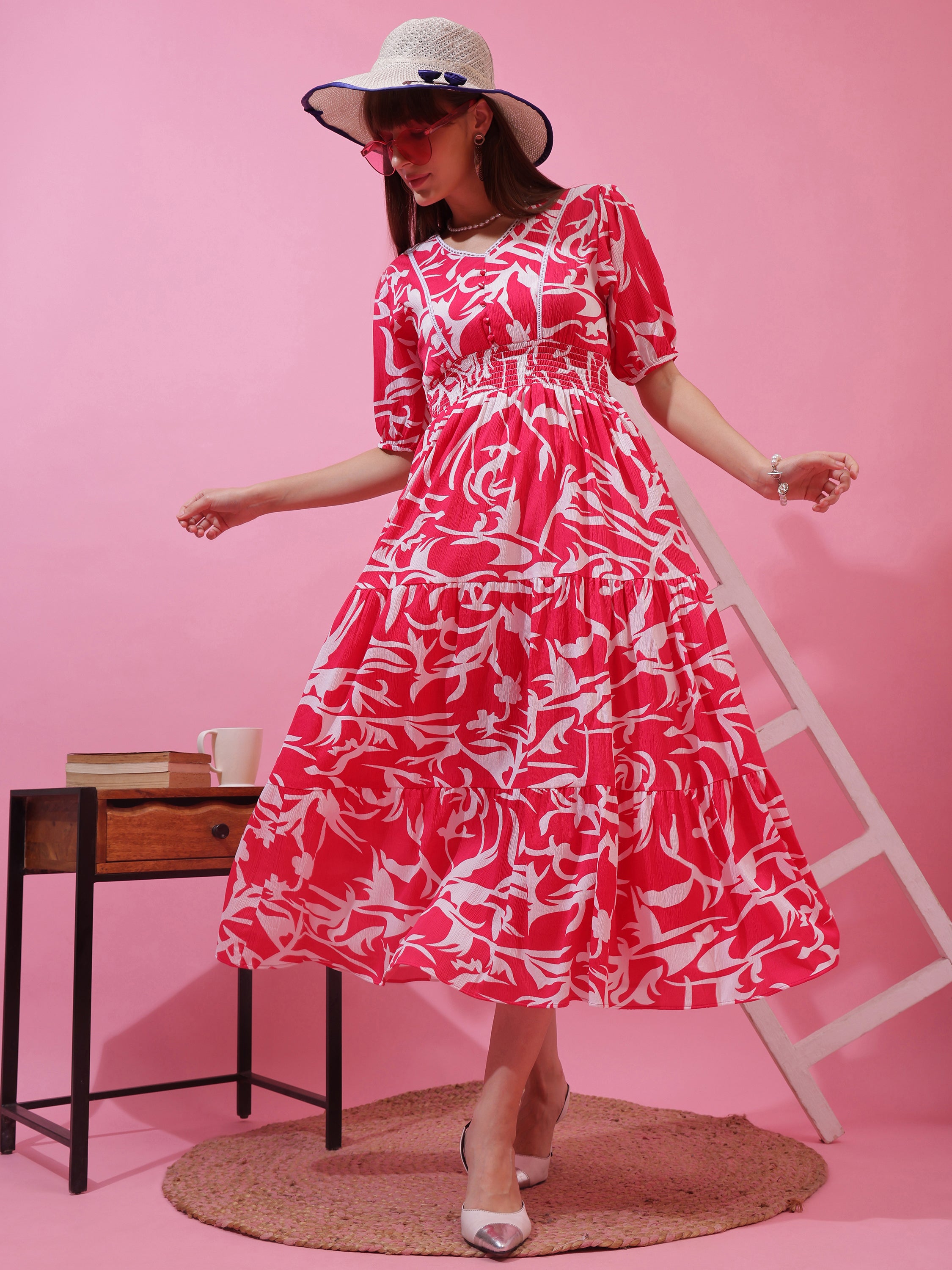 Women’s Pink & White Abstract Printed V-Neck Fit & Flare Midi Dress with Puff Sleeves