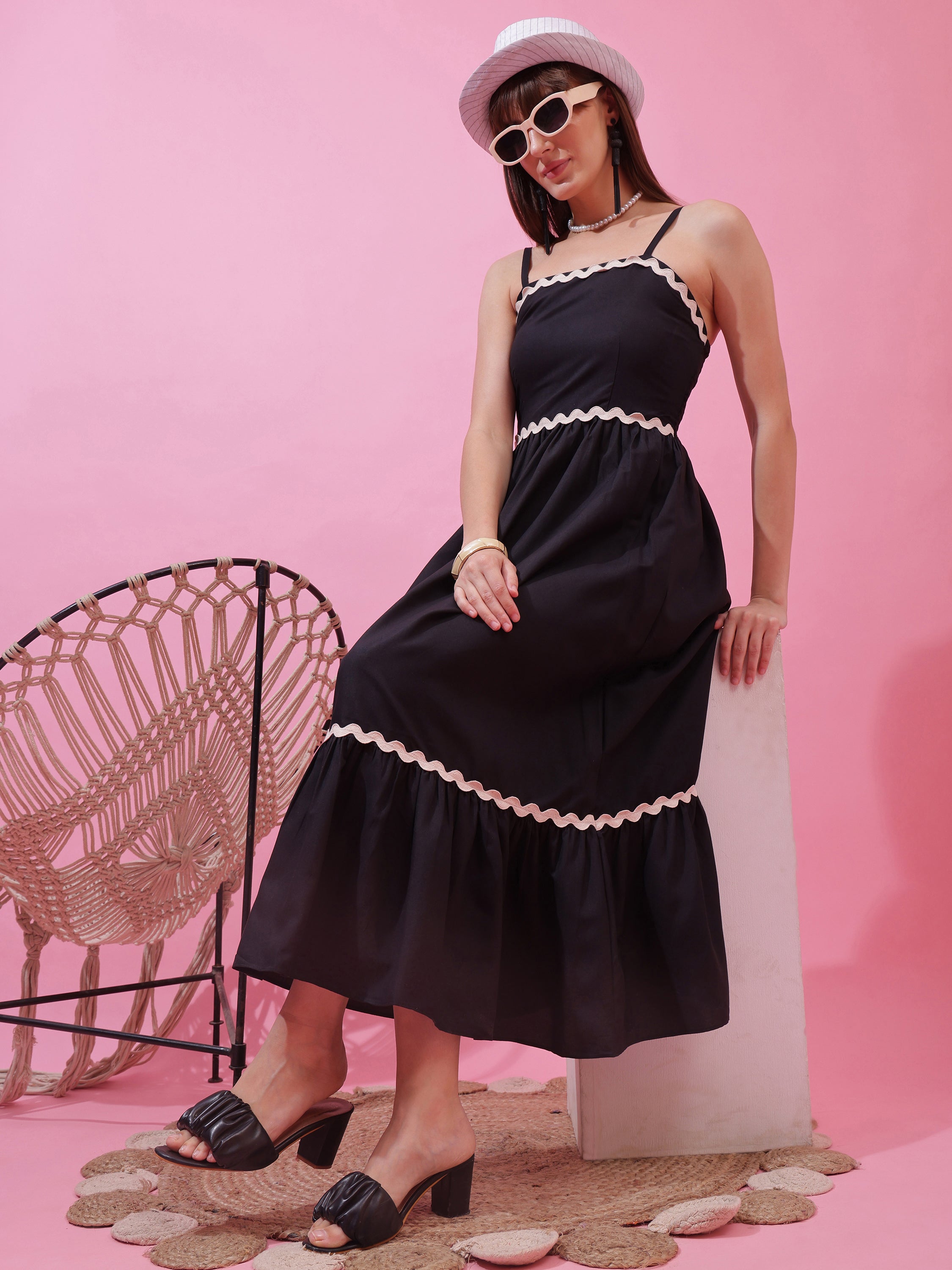 Women’s Solid Black Strappy Fit & Flare Maxi Dress with Lace Insert