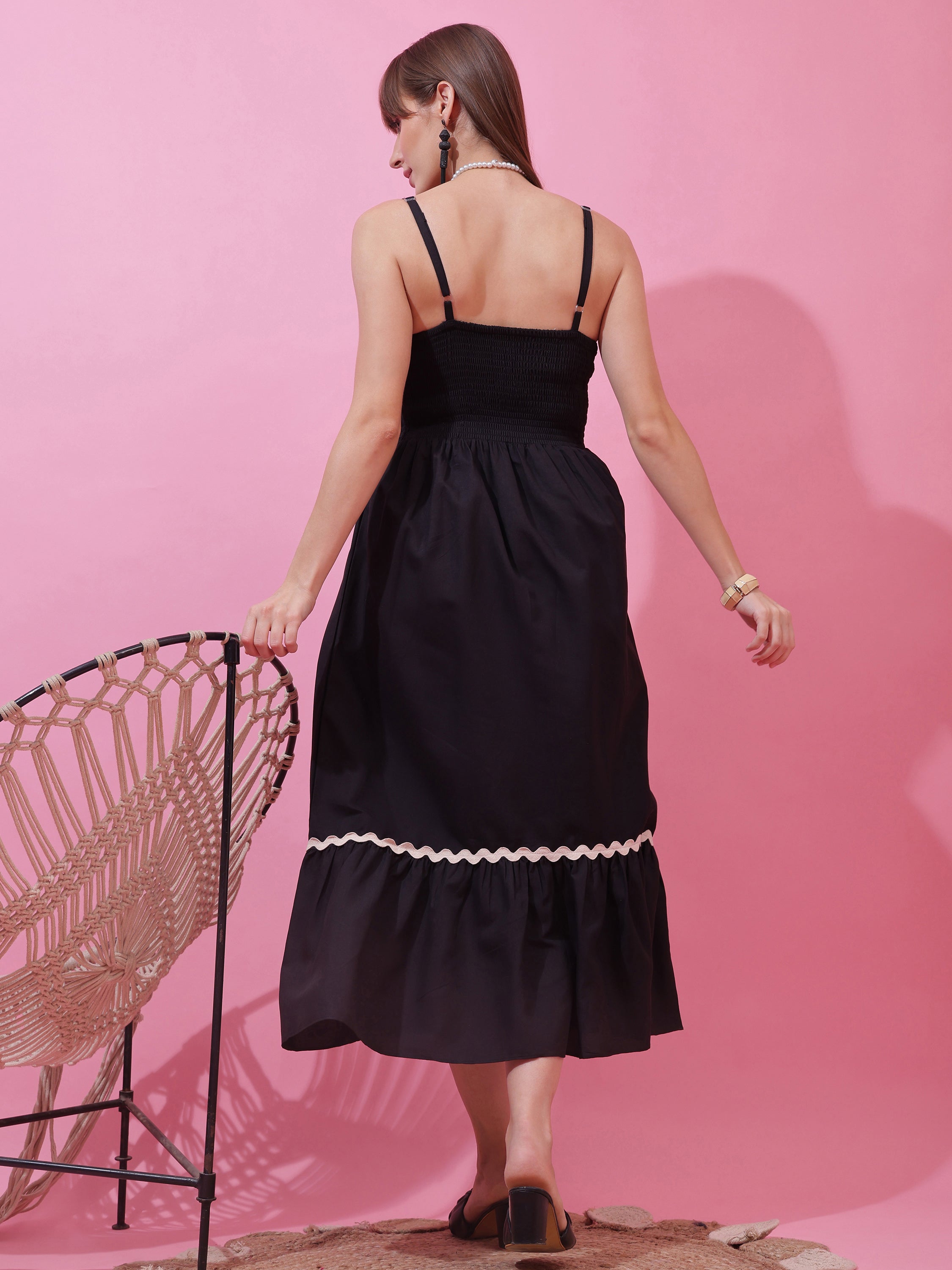 Women’s Solid Black Strappy Fit & Flare Maxi Dress with Lace Insert