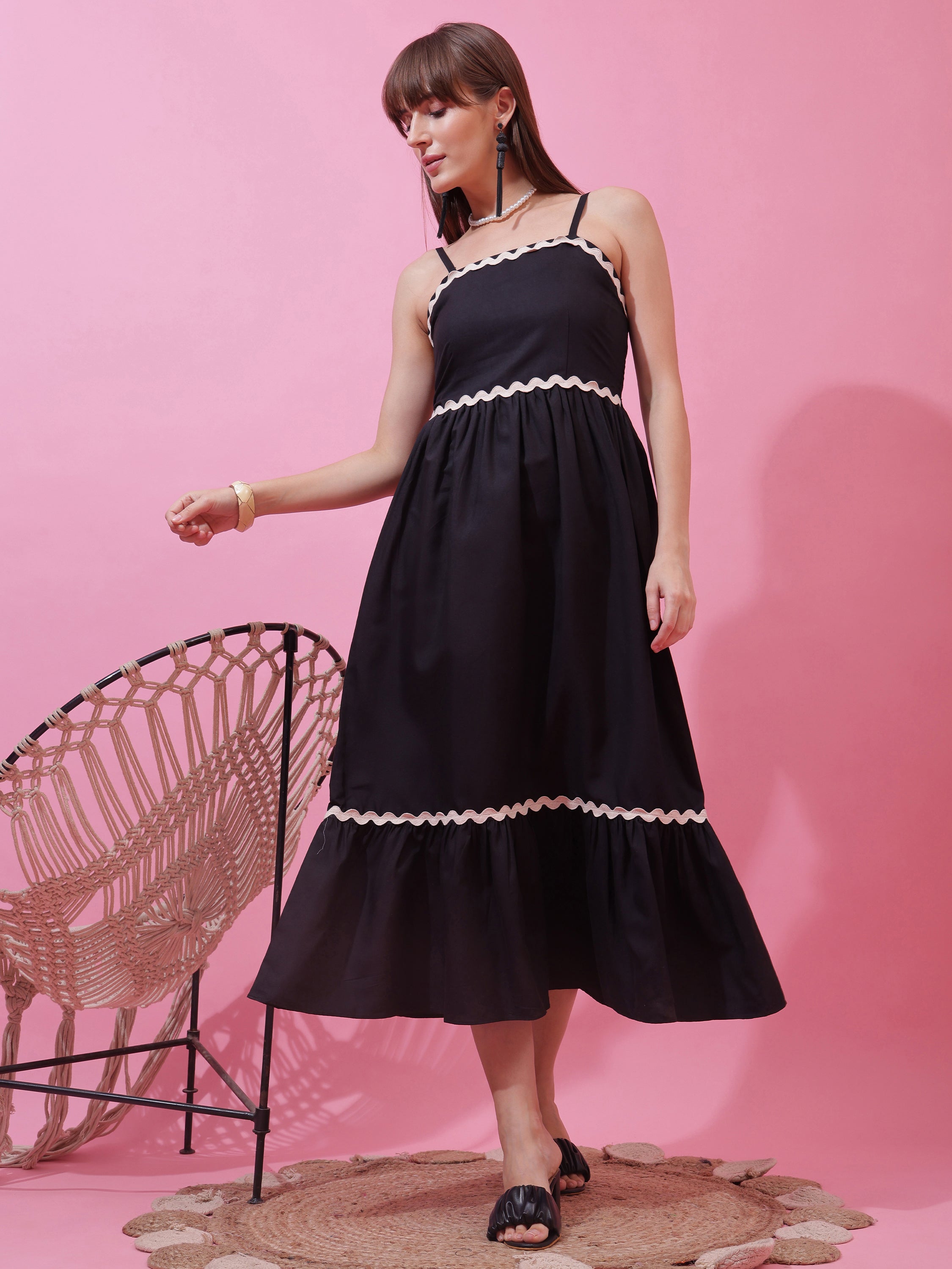 Women’s Solid Black Strappy Fit & Flare Maxi Dress with Lace Insert