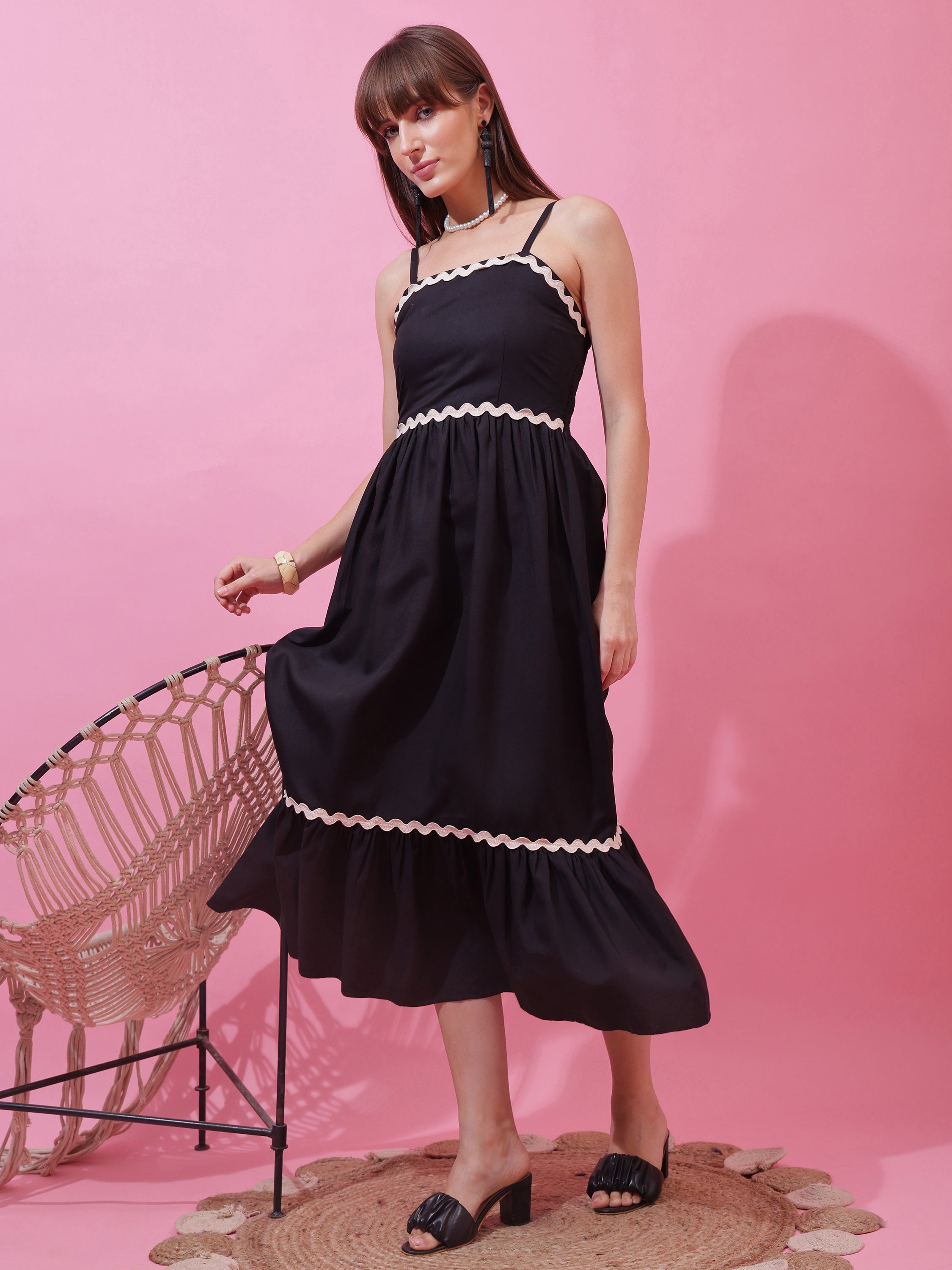 Women’s Solid Black Strappy Fit & Flare Maxi Dress with Lace Insert