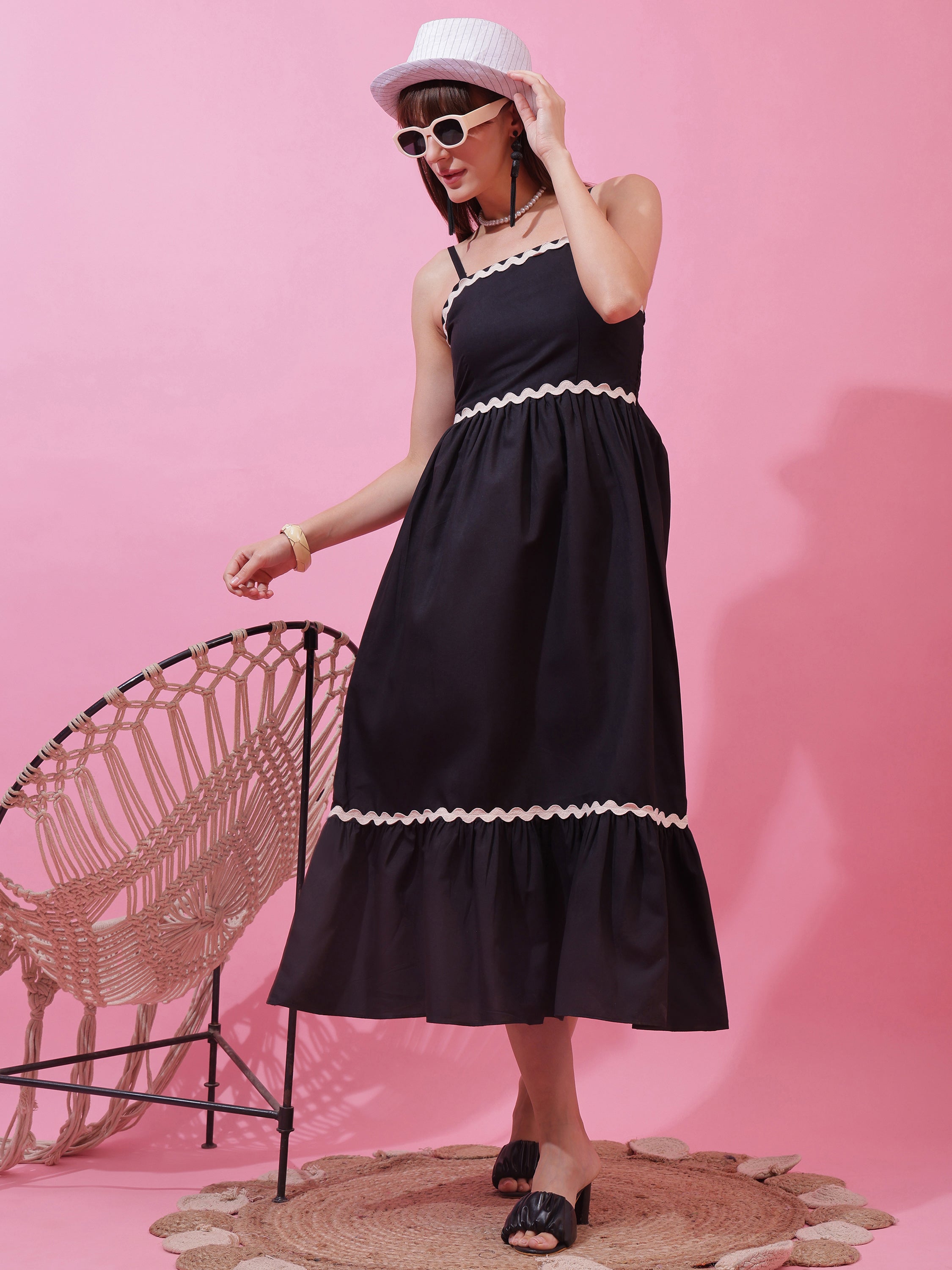 Women’s Solid Black Strappy Fit & Flare Maxi Dress with Lace Insert
