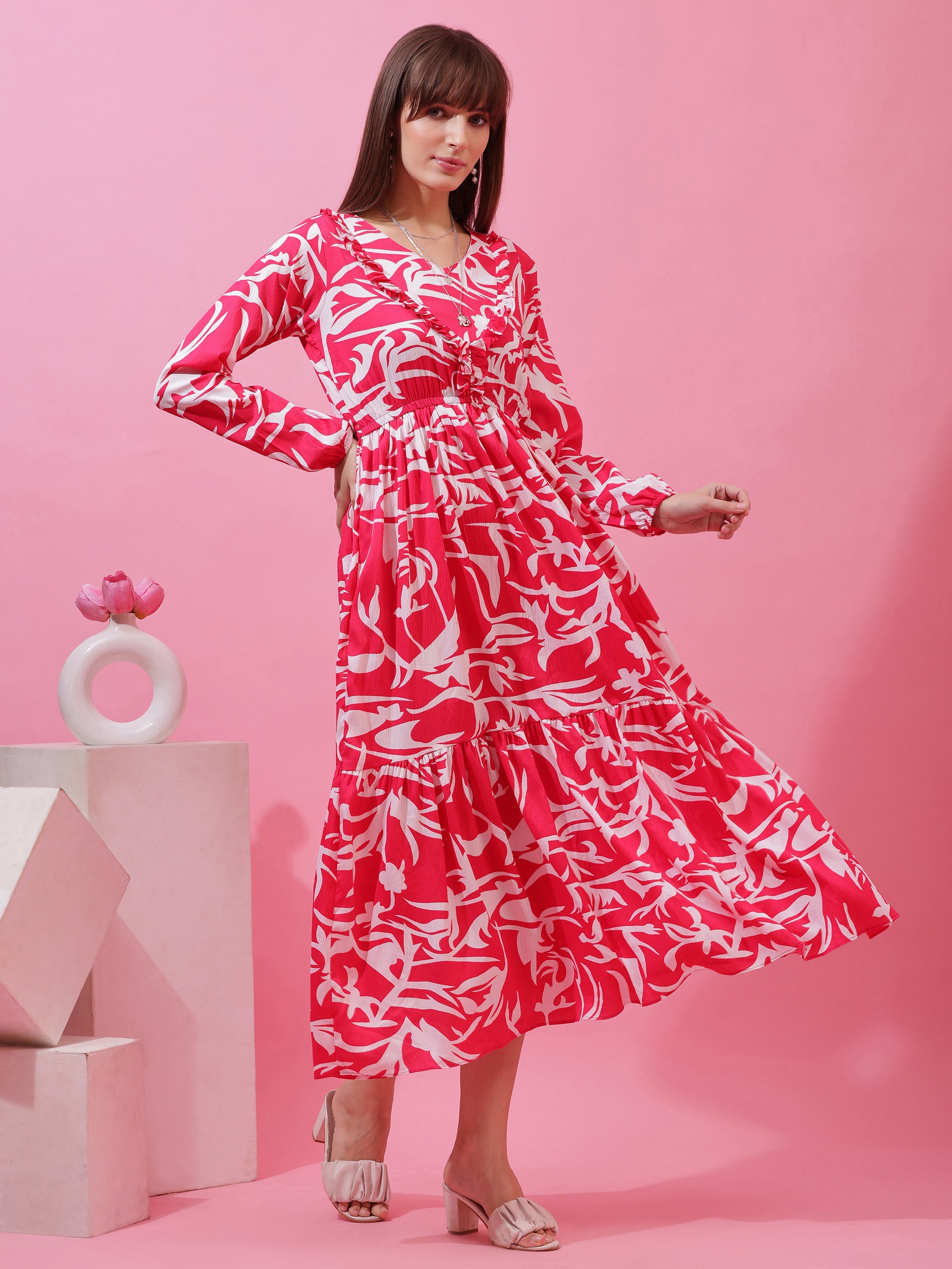 Women’s Pink & White Abstract Printed Tiered Maxi Dress with Long Sleeves
