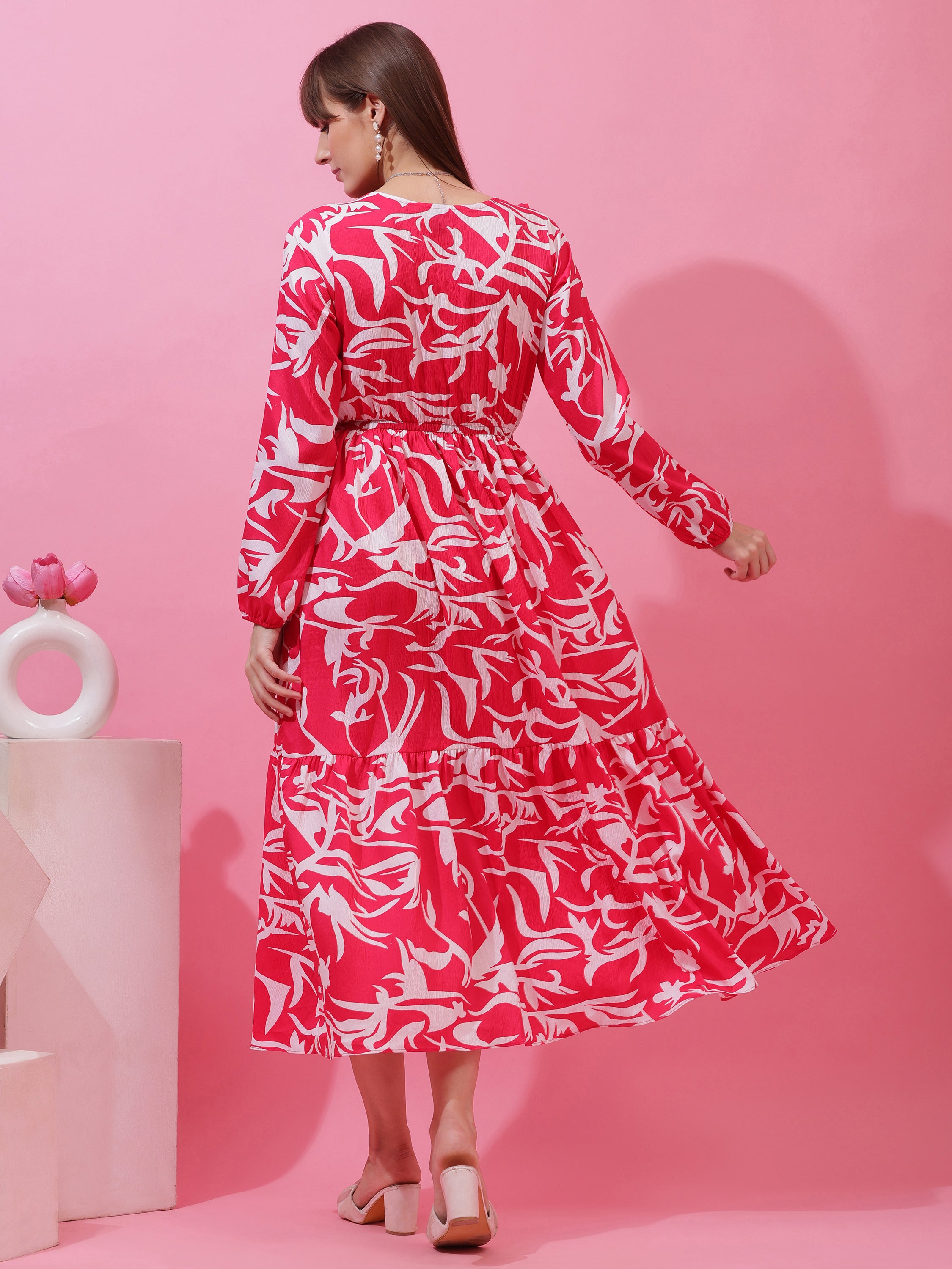 Women’s Pink & White Abstract Printed Tiered Maxi Dress with Long Sleeves