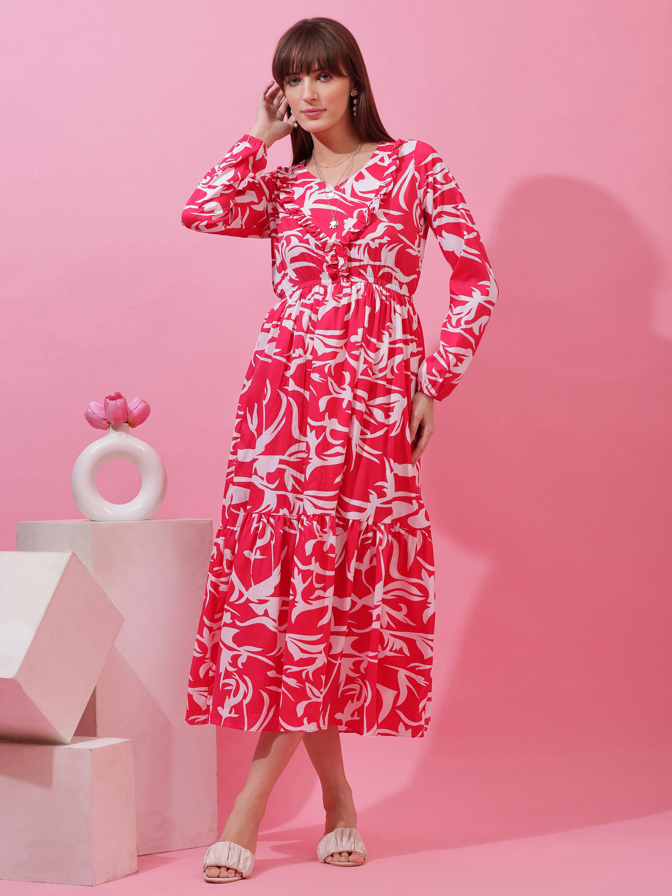 Women’s Pink & White Abstract Printed Tiered Maxi Dress with Long Sleeves