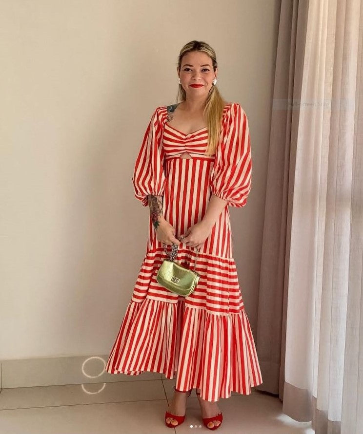 Women’s Striped Sweetheart Neck Fit & Flare Maxi Dress with Puff Sleeves